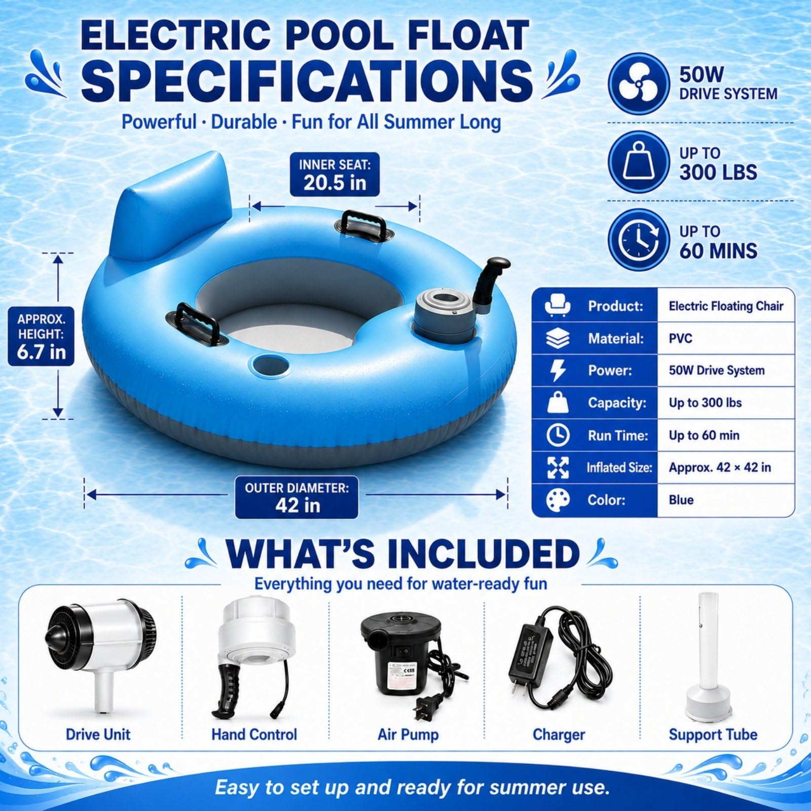 Flotador Motorizado para Piscina, Motor 50 W, Joystick 360° | PVC Grueso, Capacidad 136 kg, Autonomía 60 Min para Usuarios 14+ en Piscina, Lago, Ríos Tranquilos