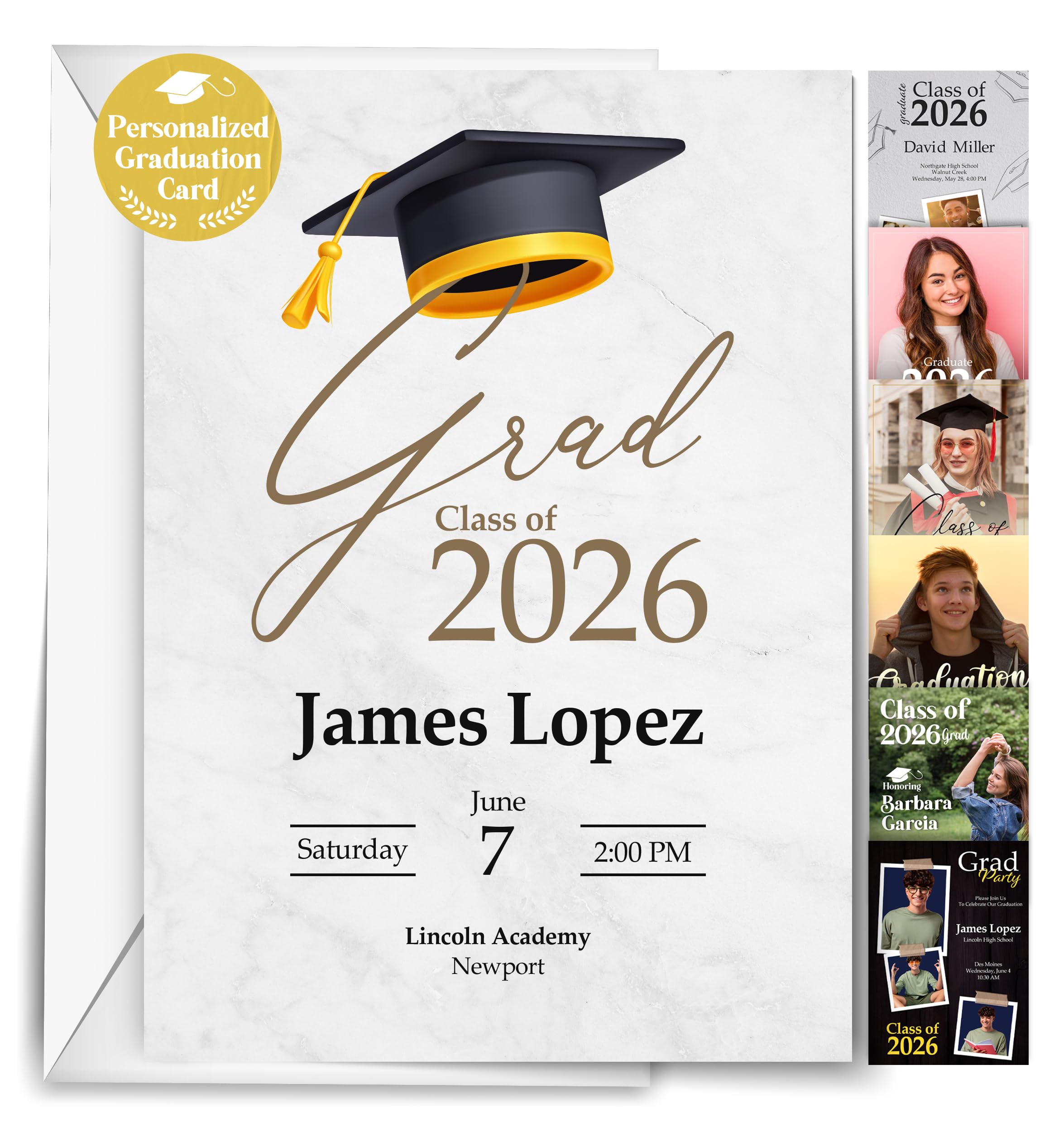 Printualist Personalized Graduation Cards - Custom 5x7 Flat Greeting Cards, Class of 2026, Set of 10-250 with White Envelopes