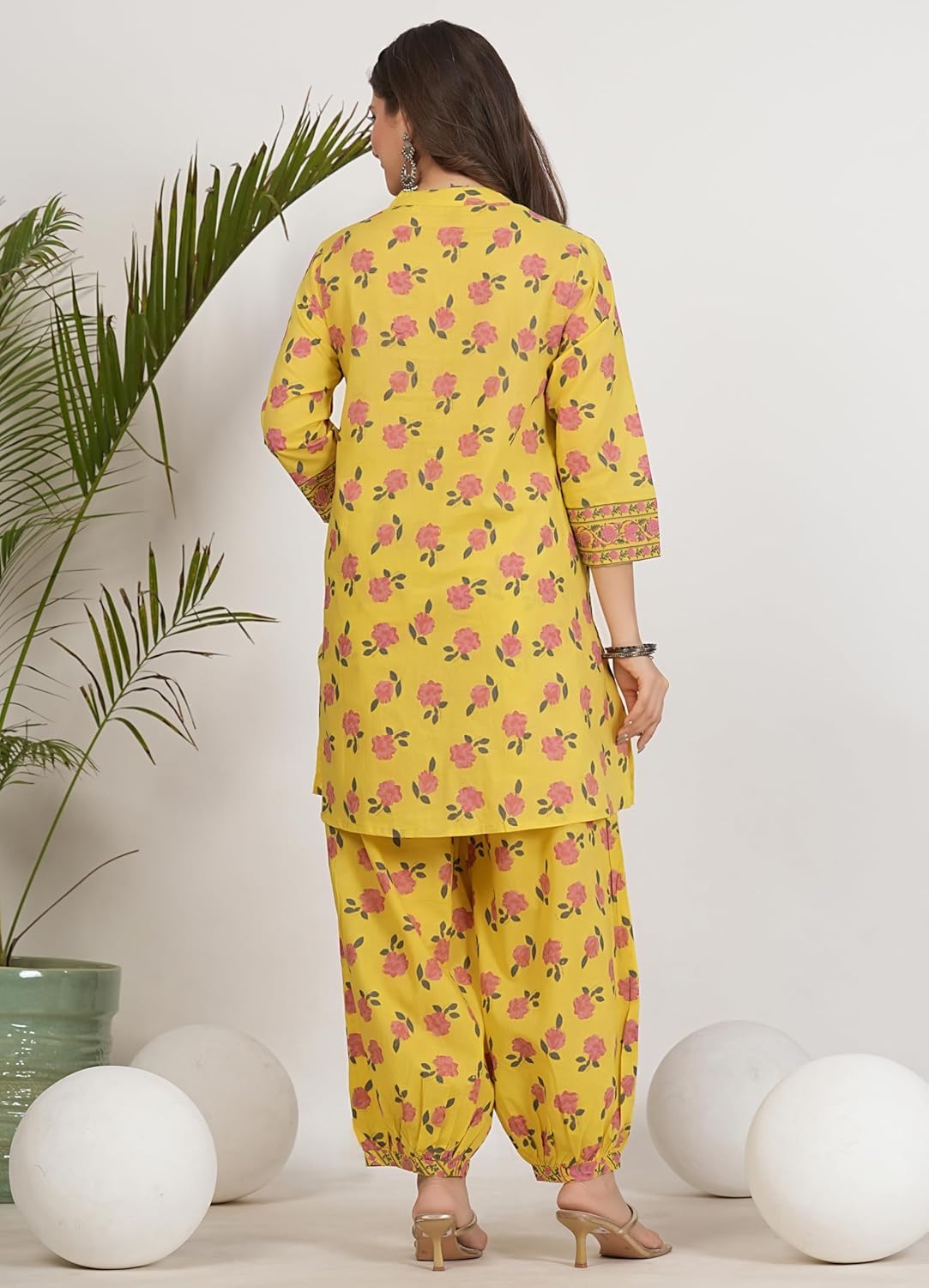 Compatible With rytras Women's Pure Cotton Printed Ethnic Wear Straight Kurta Set with Palazzo Pants(RYT675,Yellow,M)