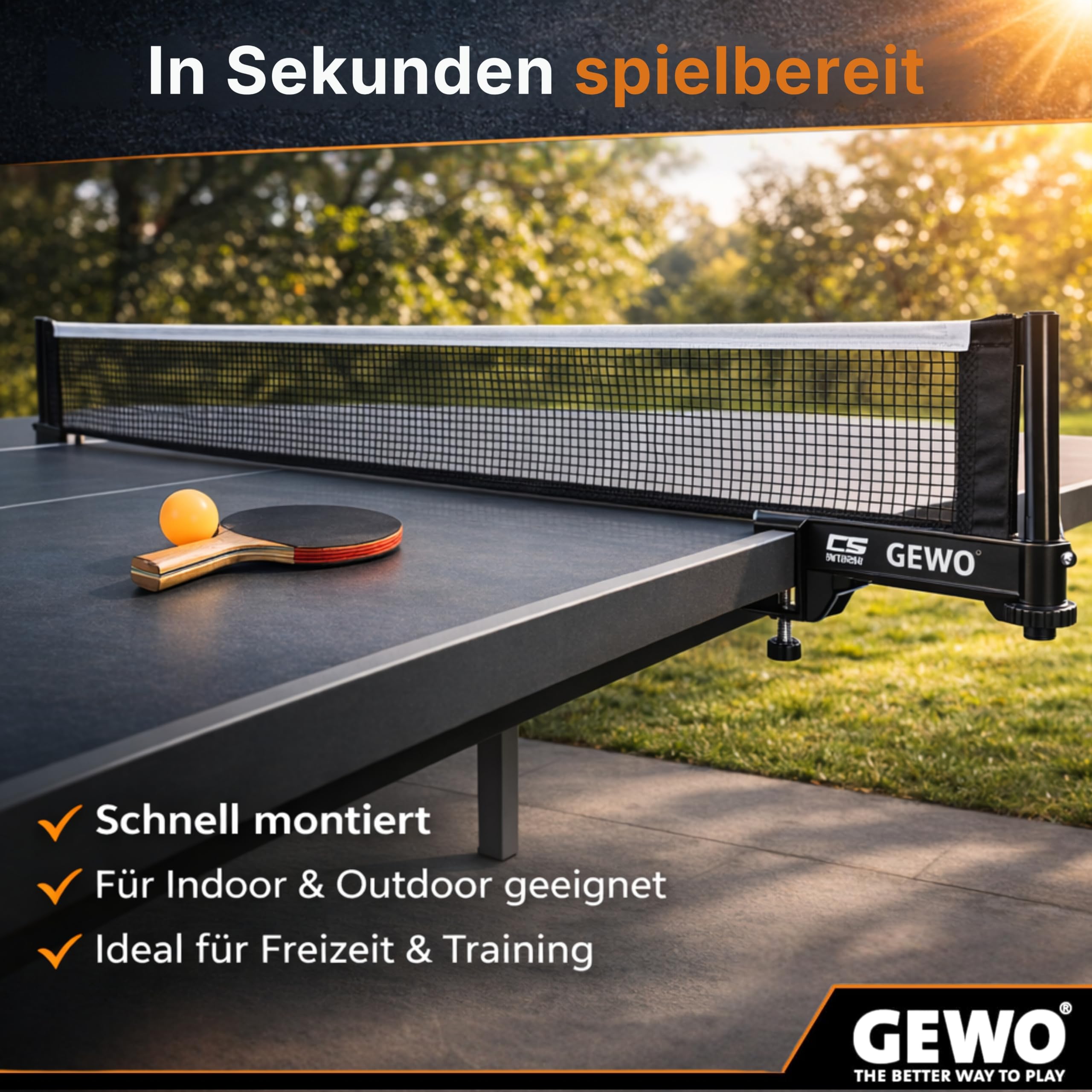 GEWO CS Outdoor - Rete da ping pong per esterni, resistente alle intemperie, robusta struttura a rete e comoda vite in altezza, facile da montare, robusto filo nero