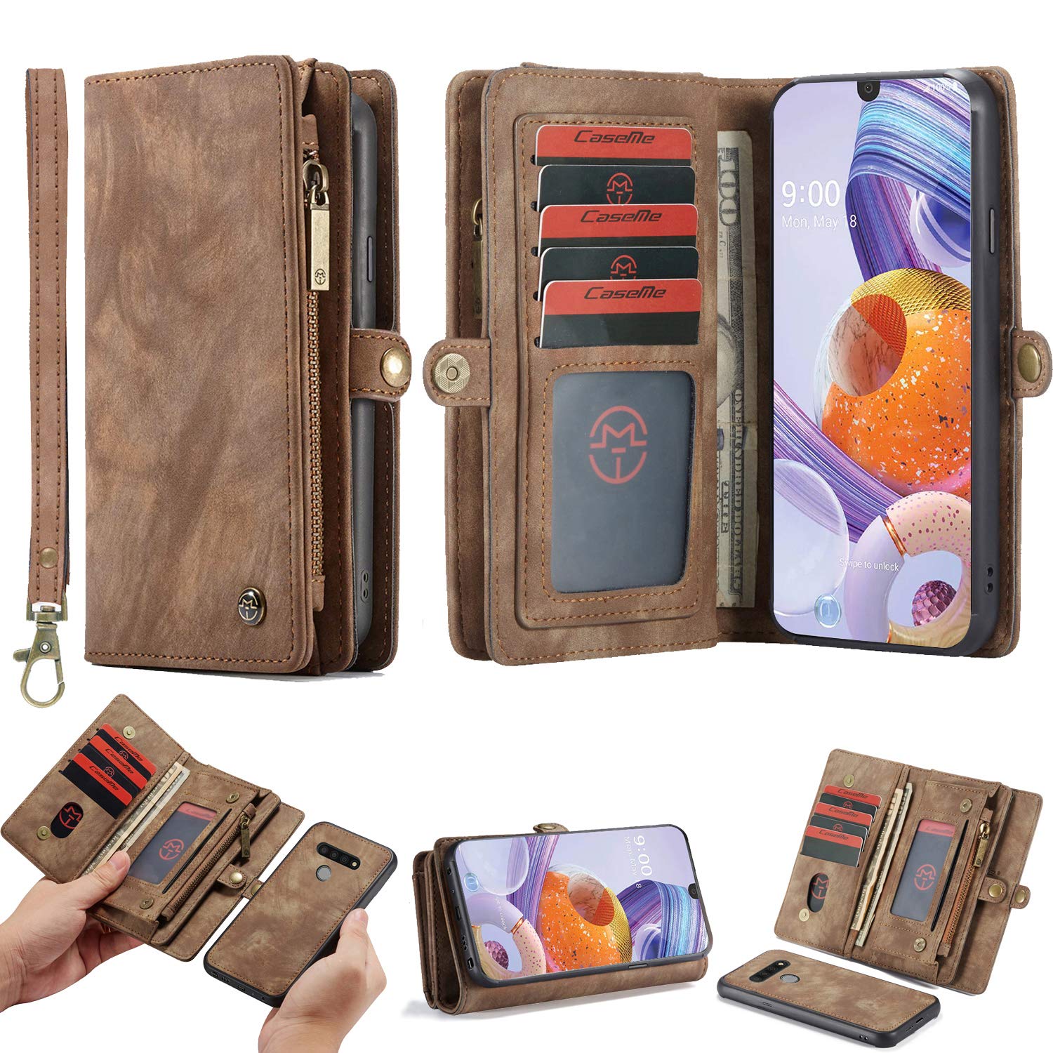 Simicoo LG Stylo 6 Leather Wallet Detachable Zipper Case 11 Card Slots Holder LG Stylo 6 Flip Magnetic case Handle Wrist Strap Shockproof Pocket Handbag for Man Woman (LG Stylo 6, Brown)