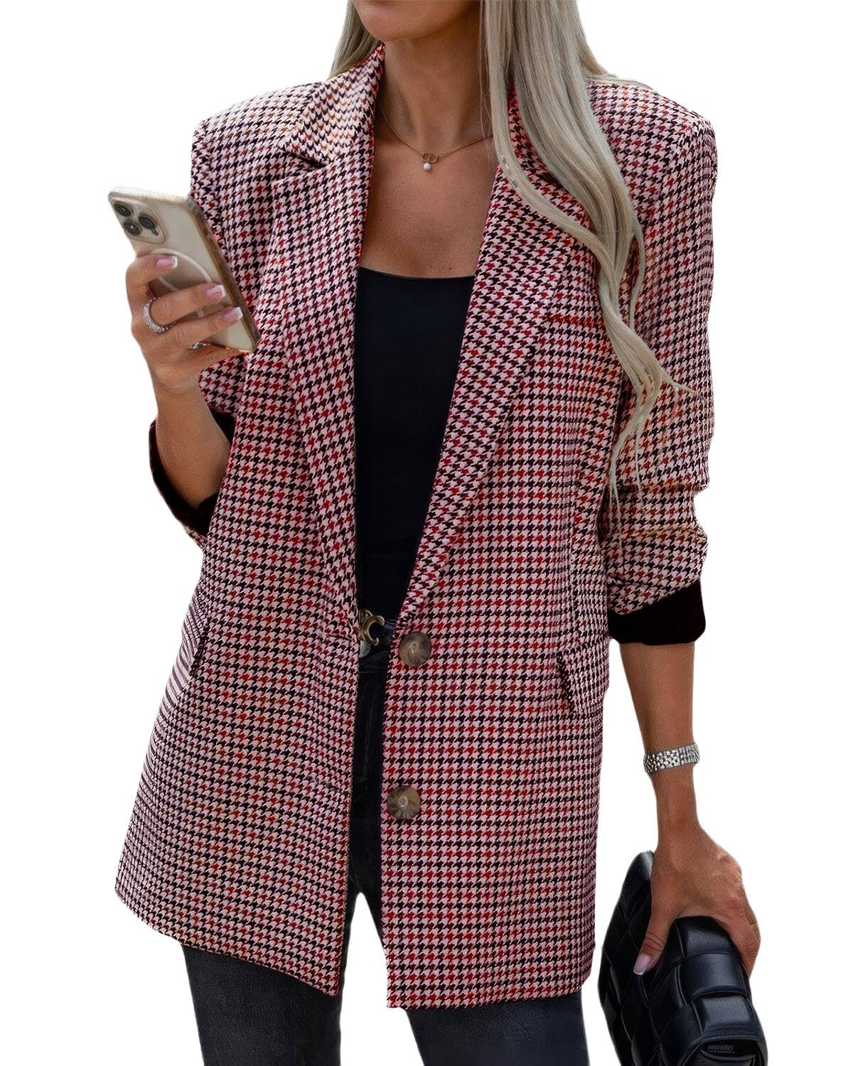 ebossy Womens Casual Oversized Blazer Suit Notch Lapel Button Plaid Work Office Jacket Wool Pea Coat