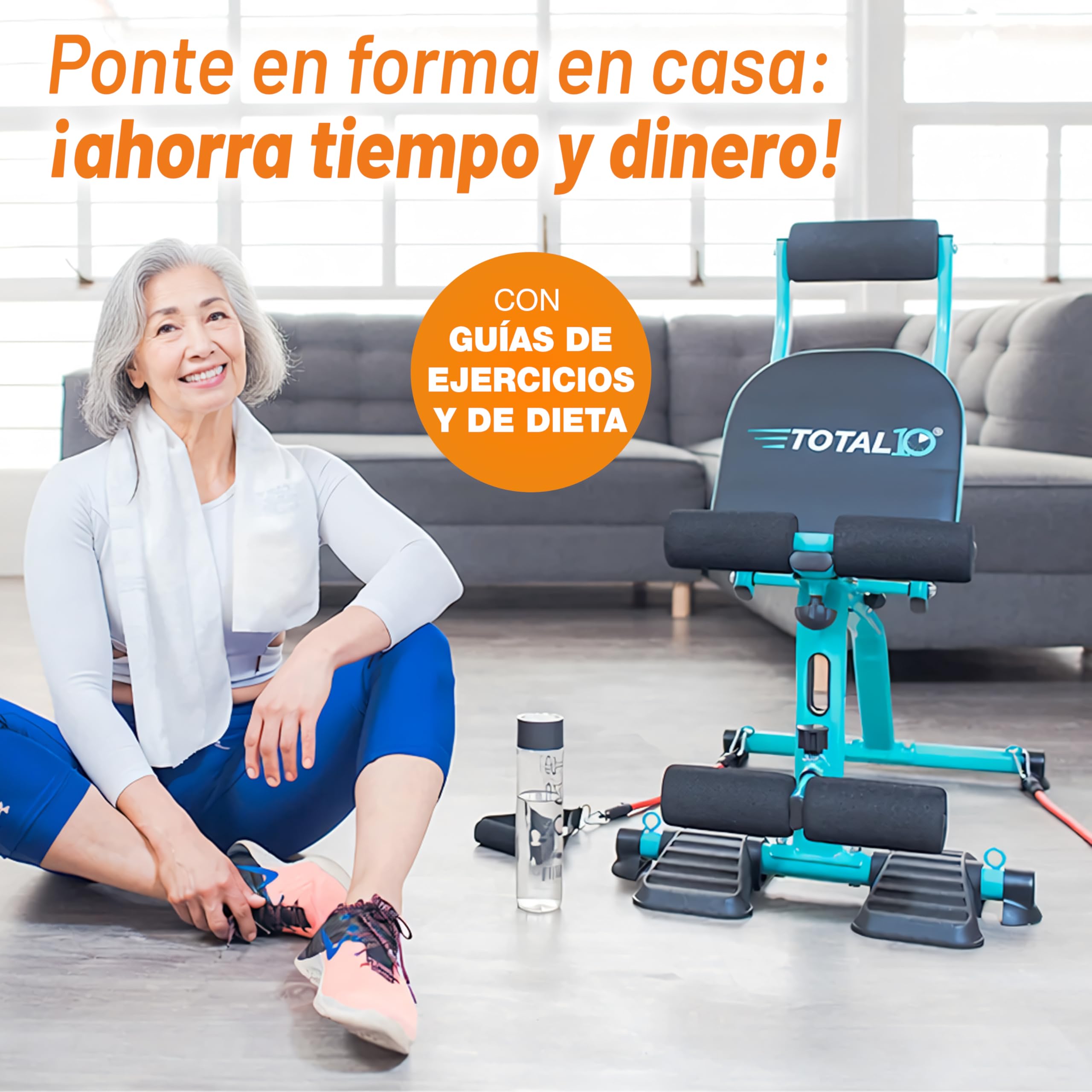 Banco Multiejercicio TOTAL 10. Entrena en casa todo el cuerpo y mejora tu postura con sólo 10 minutos al día. Sin impacto en articulaciones. Plegable, seguro, ajustable. Con 6 bandas de resistencia