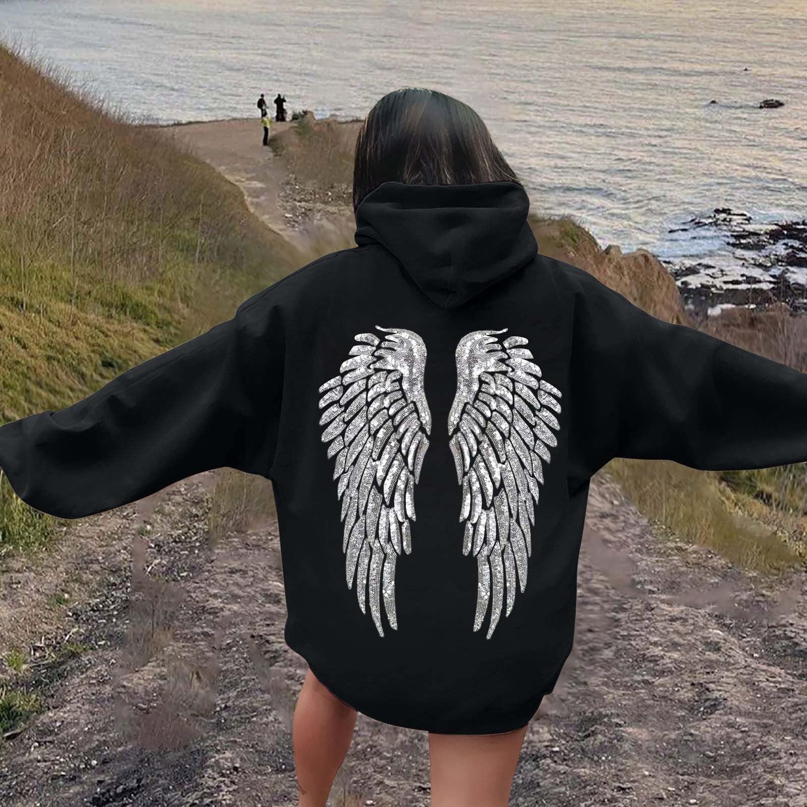 Sweat à capuche pour femme avec capuche et paillettes - Imprimé ailes d'ange - Manches longues - Col rond - Baggy - Confortable - Haut tendance - Streetwear