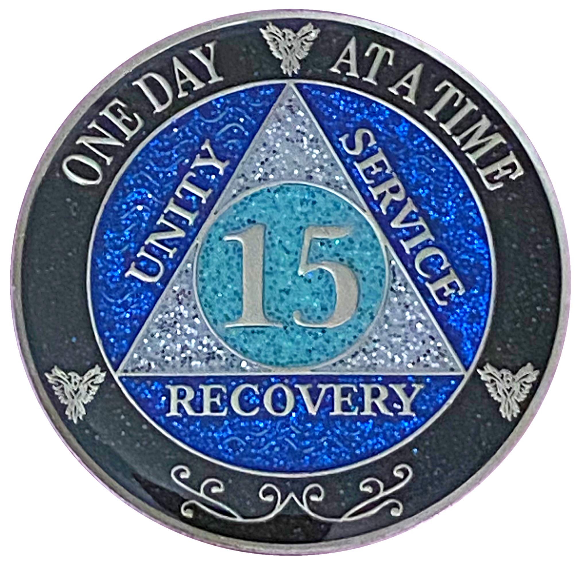 (Years 1-50) 15 Year AA Recovery Silver Color Plated Glitter Medallion, Black Rainbow, Blue, Silver Glitter Coin, Epoxy Covered (AA 15 Year Glitter