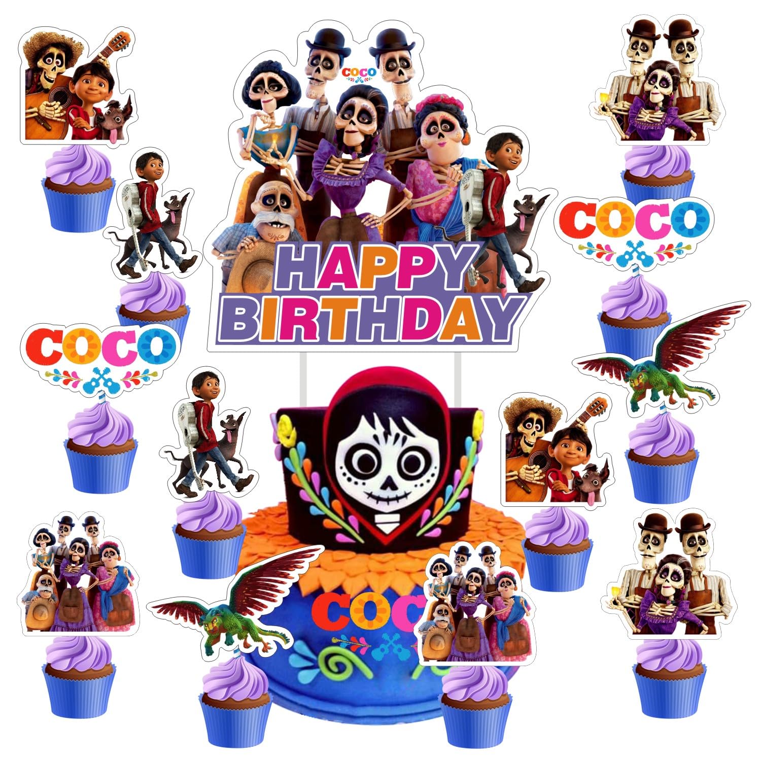 25pcs Coco Cake Topper and Cupcake Topper Set, Coco Birthday Party Supplies for Kids Cake Decorations