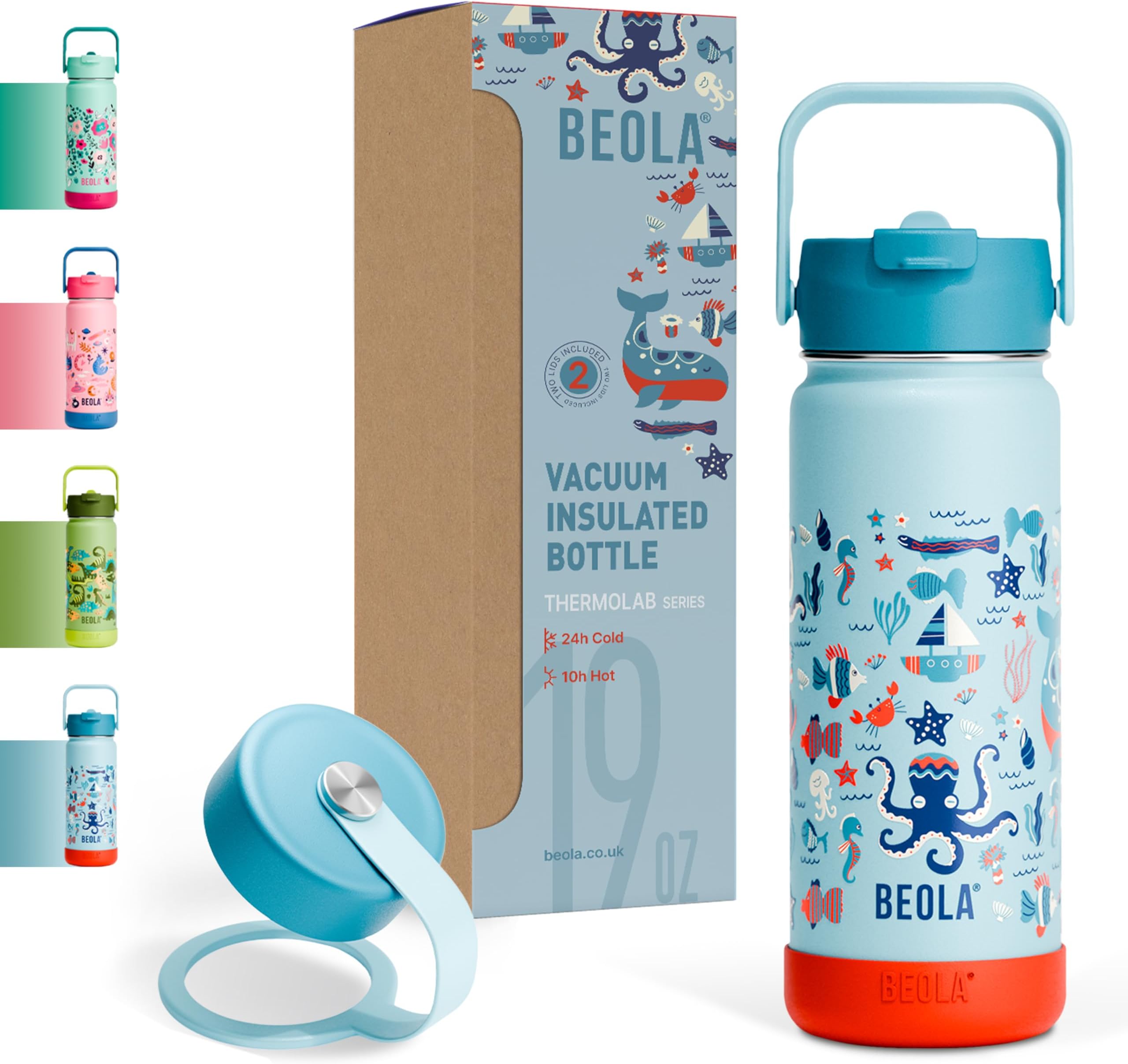 550ml Kids Water Bottle 18/8 Stainless Steel Double Wall Insulated Thermos Bottle with Straw Lid and Wide Mouth, Hot Cold Liquids Sports School Bottle (19oz, Sea Vibes)