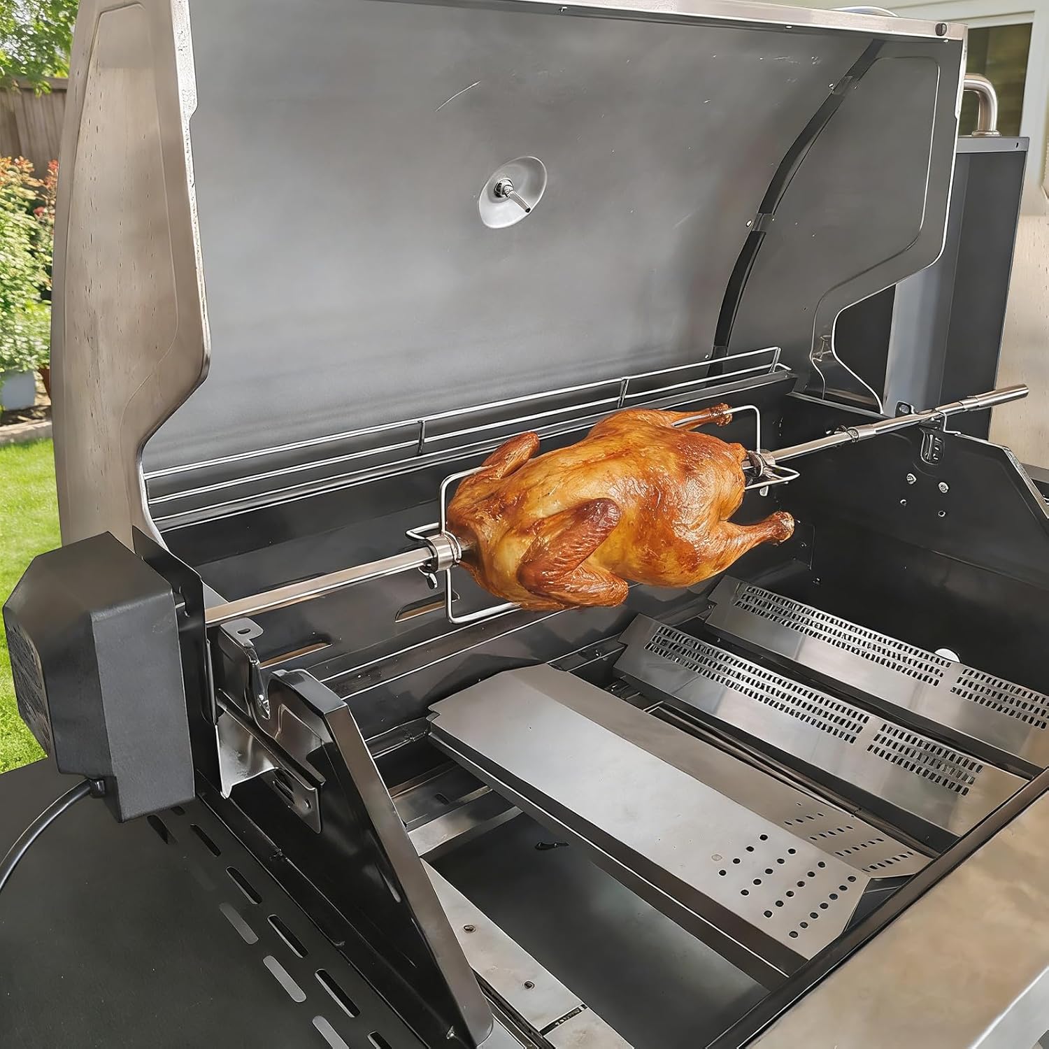 Universal BBQ Grill Rotisserie Kit with 110V-120V 4W Electric Motor for Most Gas Grills, Include 4-Prong Meat Forks and 5/16-Inch Adjustable-Length Square Spit Rods