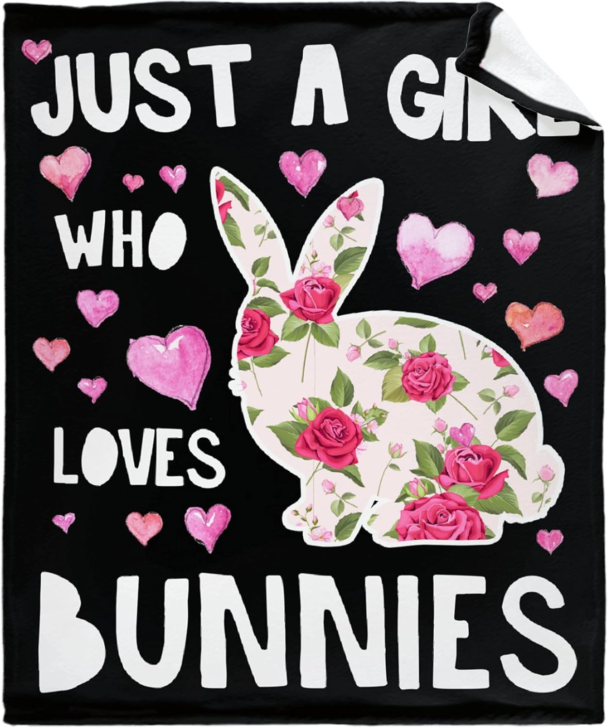 人気のファッションブランド バニーブランケットとスロー Just A Girl Who Loves Bunnies うさぎのぬいぐるみブランケット 娘 女の子 子供 ティーンズ 大人 快適 フランネル ベッドブランケット ホーム カウチ 寮 ソファ キッズ サイズ 40インチ X 50インチ ブラック