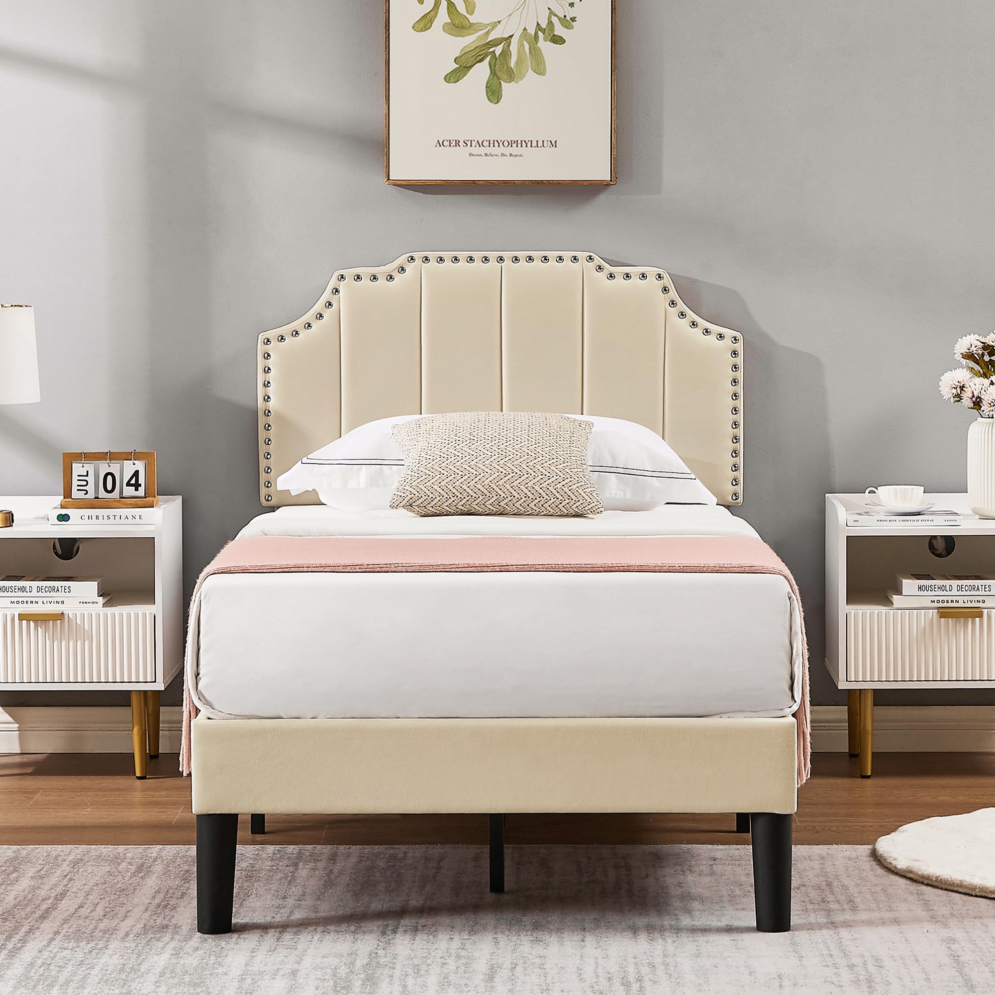 VECELO Twin Size Bed Frame Upholstered Platform with Tufted Adjustable Headboard/Mattress Foundation with Wood Slat Support, Easy Assembly,Beige