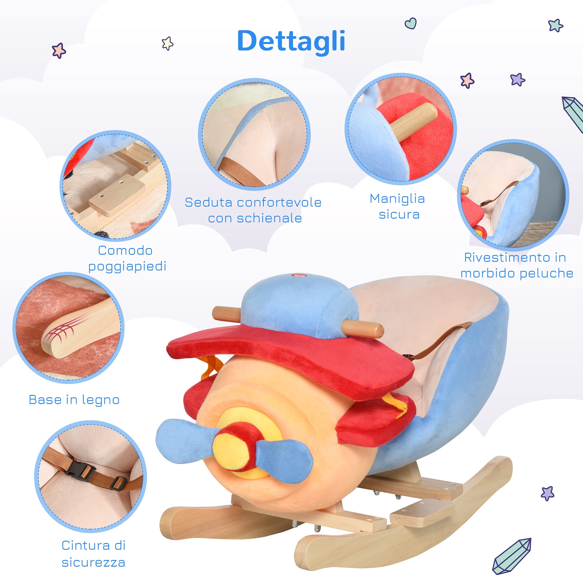 HOMCOM Cavallo a Dondolo a Forma di Aeroplano per Bambini 60x33x45cm | Età Superiore a 18 Mesi, Cacalluccio a Dondolo, Musica Incorporata, Legno Alamo, Max:60kg