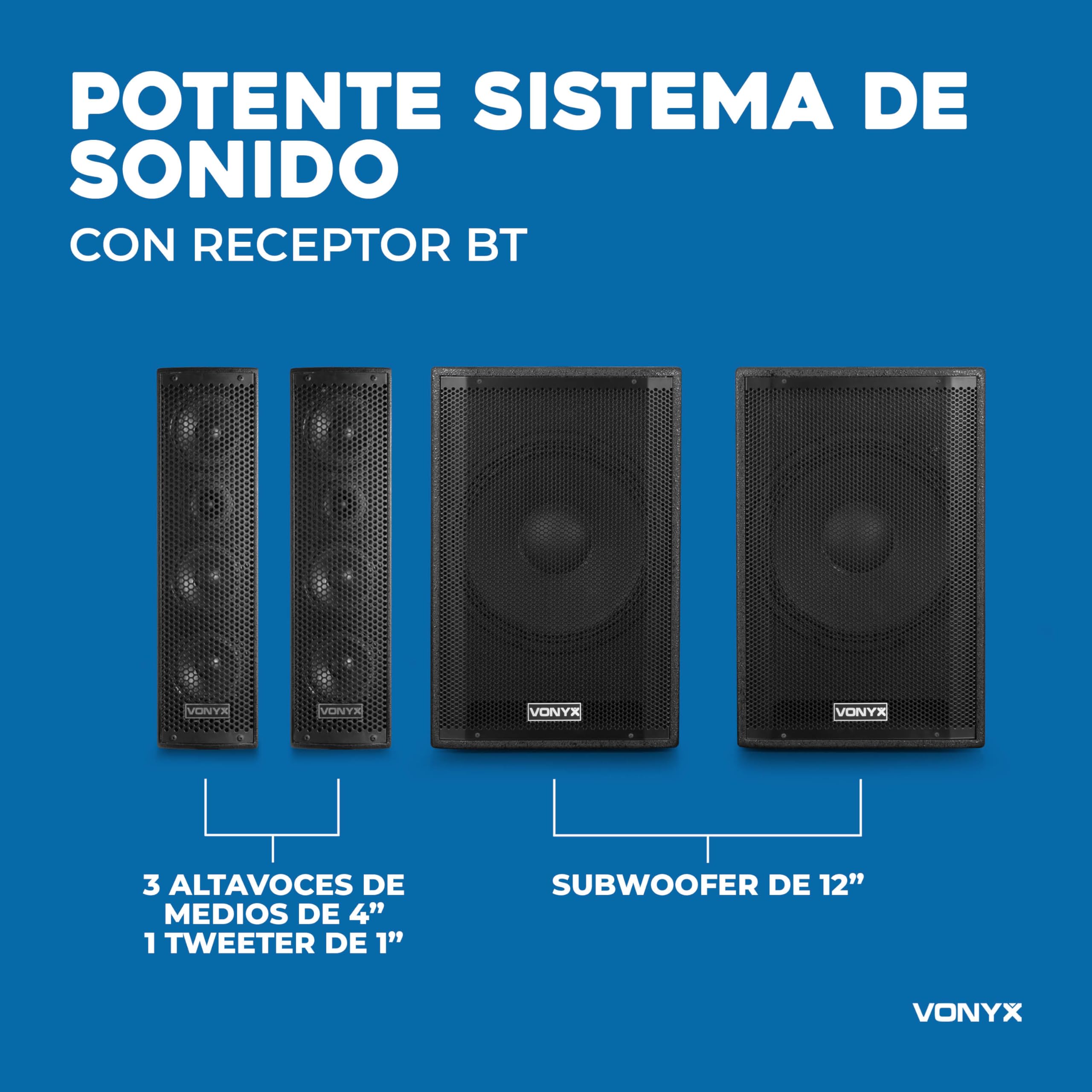 Vonyx VX1050BT – Sistema 2.2 Activo 1150W con Bluetooth, USB, SD, Doble subwoofer 12”, Micro, Trolley, Funda y Soportes, Equipo de Sonido Profesional para Eventos, Fiestas y DJ, Color Negro