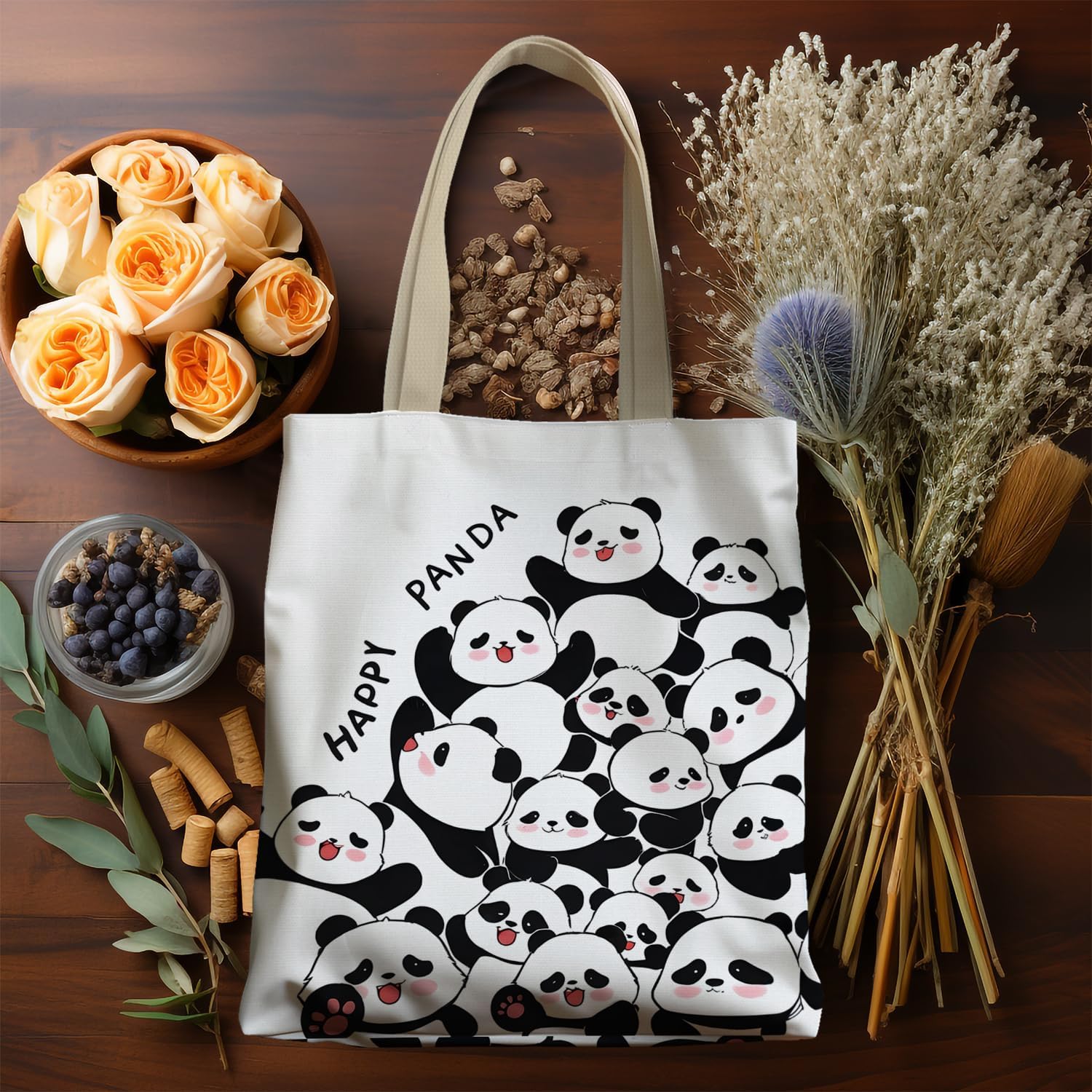 Cute Panda Canvas Tote Bag, Panda Gifts for Women, Reusable Grocery Bags, White - Image 3