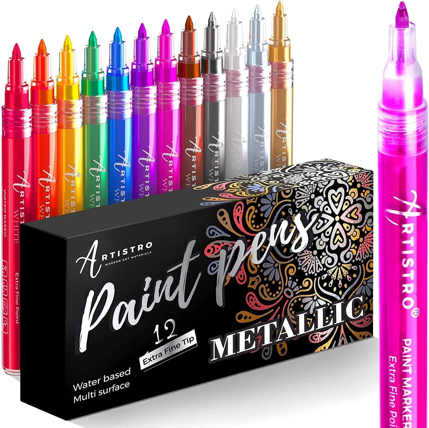ARTISTROARTISTRO 12 Metallic Paint Pens for Glass, Rock Painting, Ceramic, Wood, Fabric, Pebbles, Scrapbook Journals, Photo Albums, Card Stocks - Acrylic Paint Markers Extra-Fine Tip 0.7mm