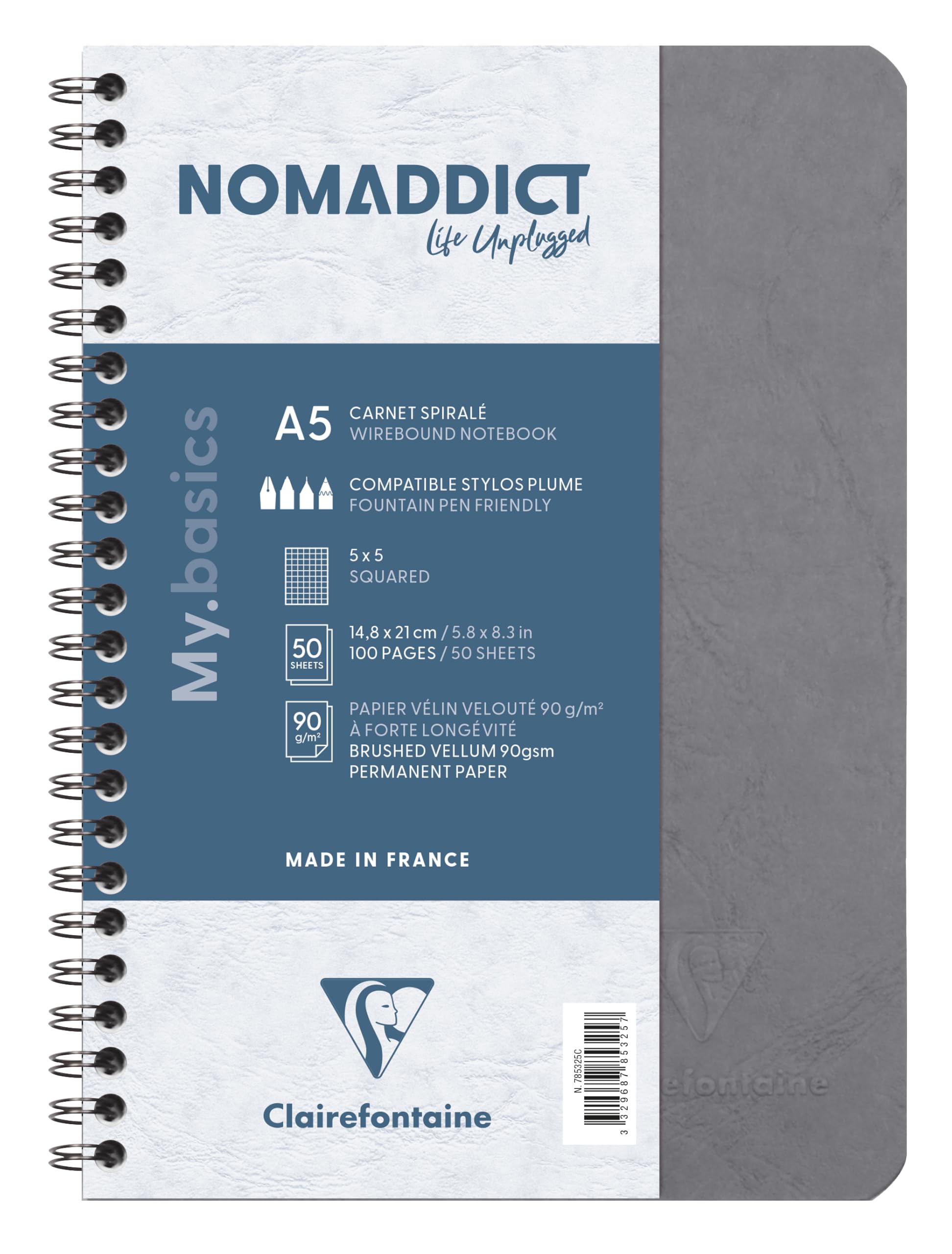 Clairefontaine 785325C Age Bag Collection A Grey Spiral Notebook - A5 14.8x21cm - 100 Small Squares Pages - 90 gsm White Paper - Leather Grain Glossy Card Cover