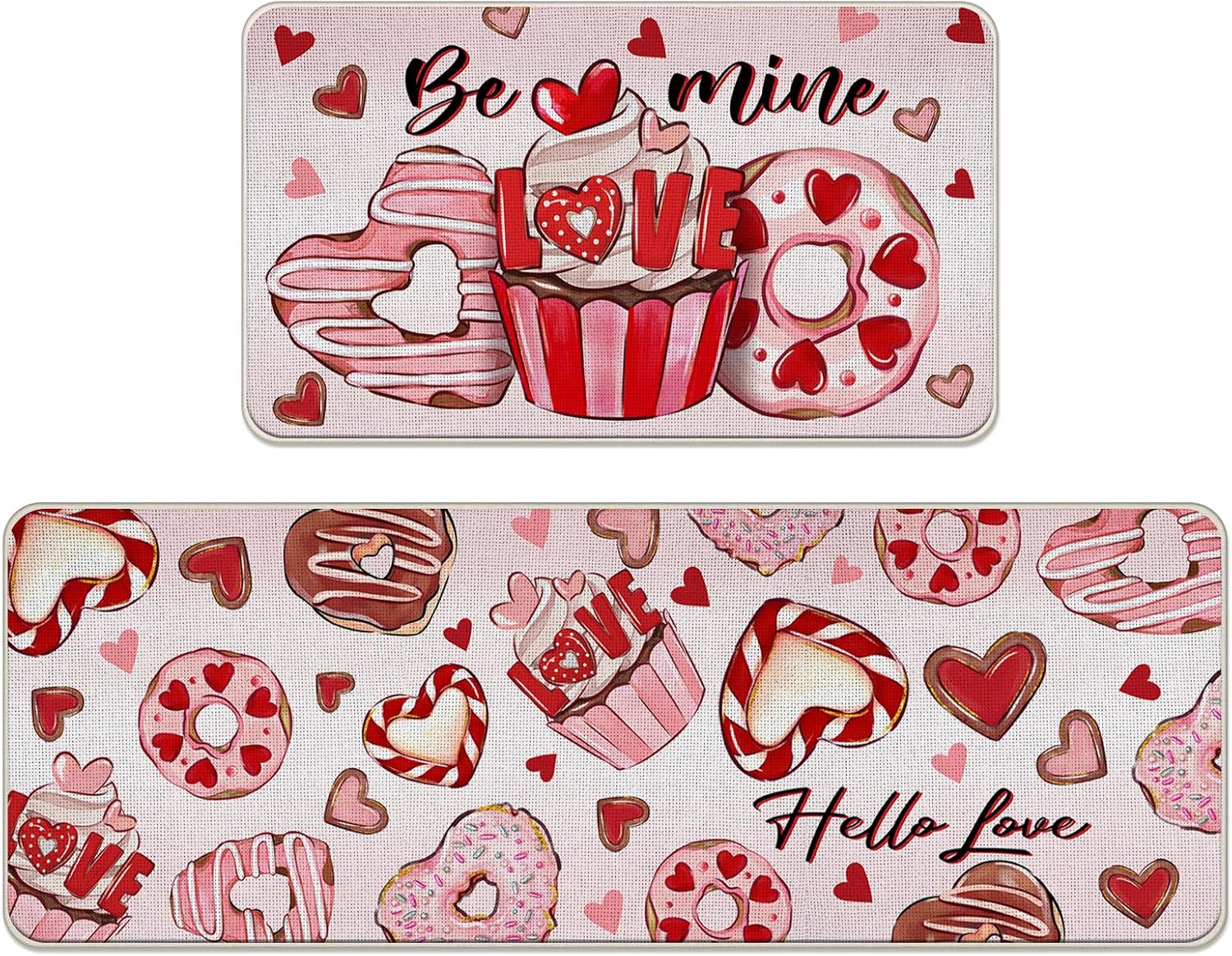Valentines Day Dessert Kitchen Rugs Set of 2, Pink Cupcake Donuts Chocolate Love Hearts Be Mine Kitchen Mats Decor, Anniversary Wedding Floor Door Mat Home Decorations - 17x29 and 17x47 Inch