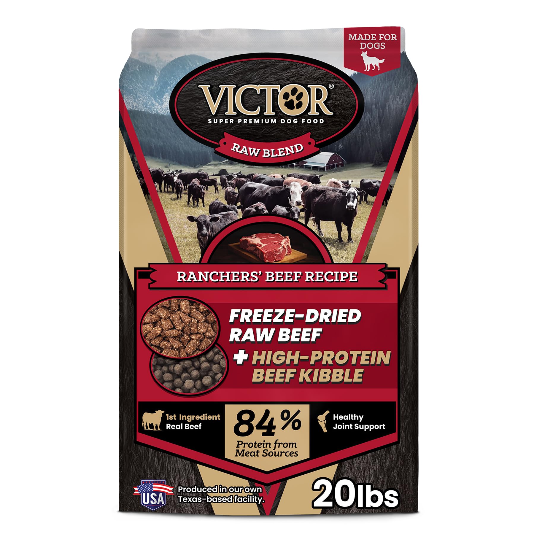 VICTOR Raw Kibble Blend - Ranchers' Beef Freeze-Dried Dry Dog Food, 20 lb
