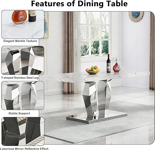 Miniatura 5 de Juego de 5 mesas de comedor de mármol sintético, juego de mesa de cocina y comedor para 4, mesa de comedor rectangular blanca de 70 pulgadas con