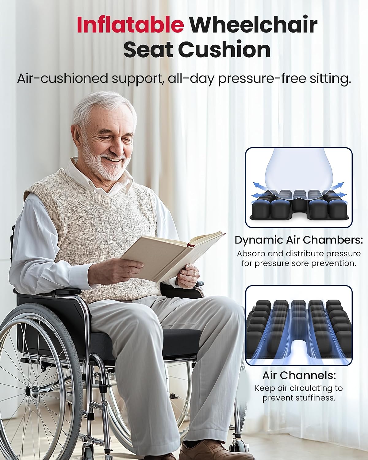 Inflatable Wheelchair Cushion with Dynamic Air Chambers for Pressure Sore & Ulcer, Ergonomic U-Shaped Pressure Relief Seat Cushion for Tailbone Pain Relief, Waterproof Fabric & Anti-Slip Base