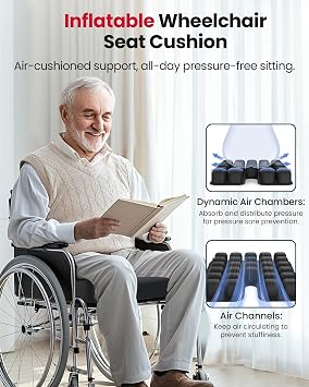 Inflatable Wheelchair Cushion with Dynamic Air Chambers for Pressure Sore & Ulcer, Ergonomic U-Shaped Pressure Relief Seat Cushion for Tailbone Pain Relief, Waterproof Fabric & Anti-Slip Base