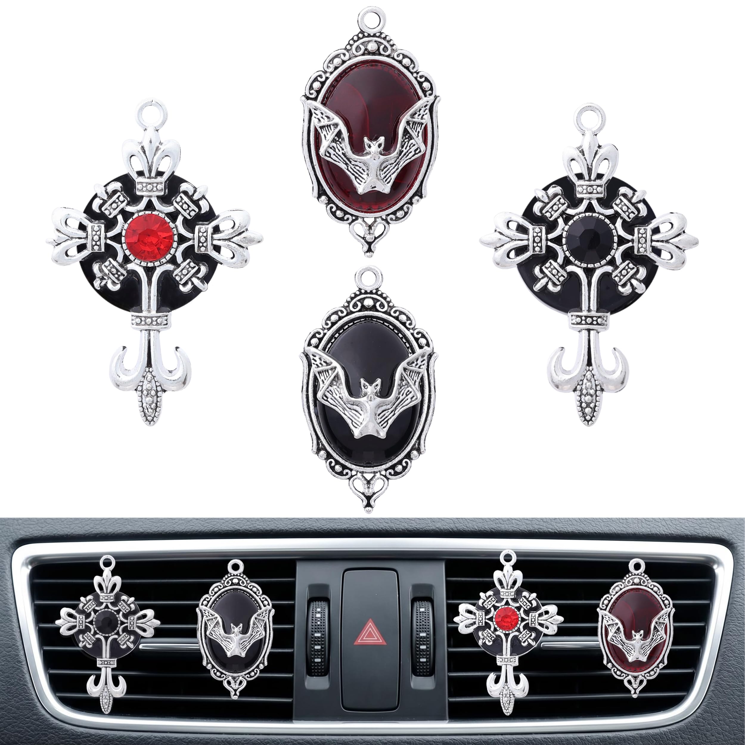 4 Pcs Gothic Car Accessories, Bat Cross Car Vent Clips, Red Black Goth Car Vent Charms with Unscented Felt Pads