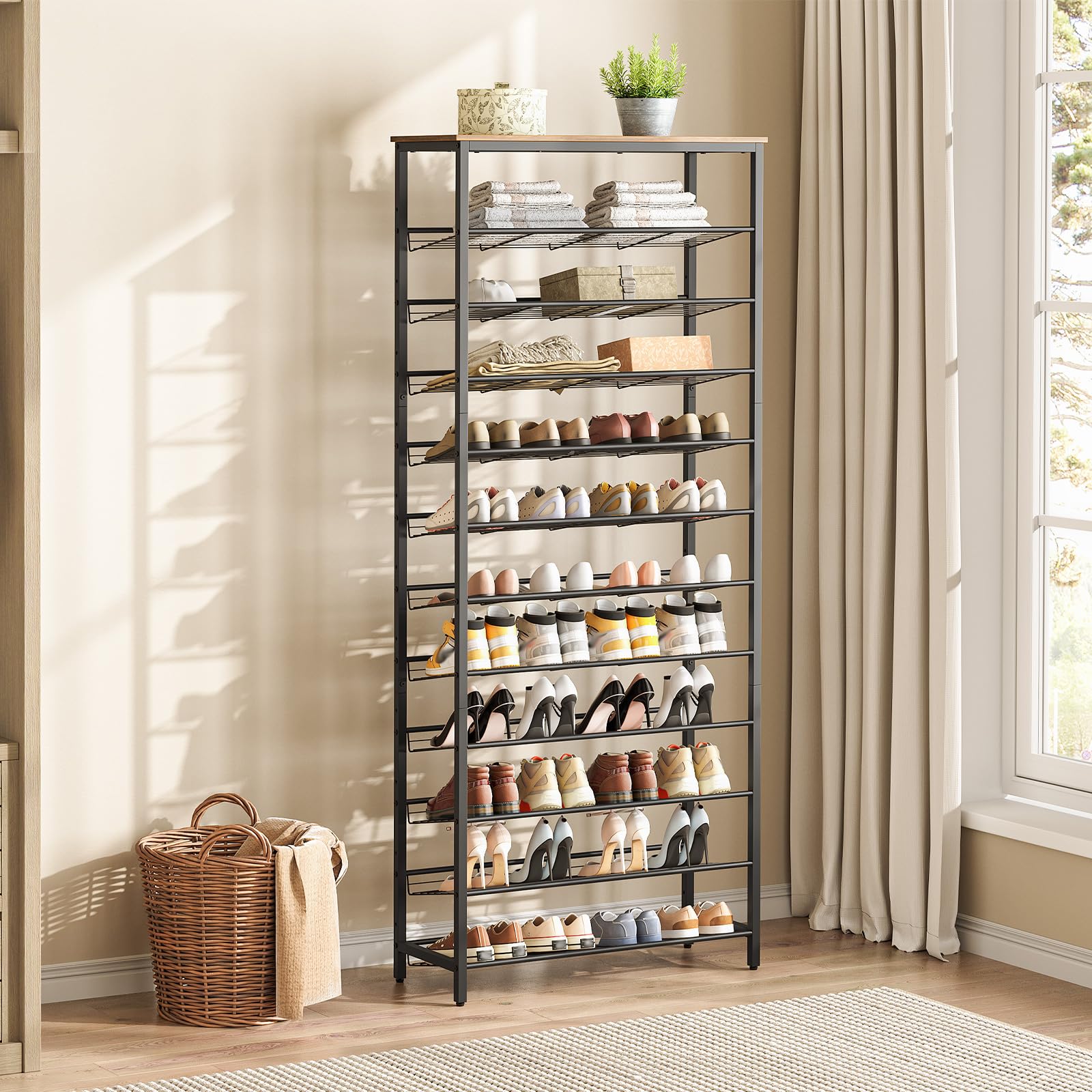 HOOBRO Großes Schuhregal, 12 Etagen Schuhablage, Schuhschrank hoch, für 35-45 Paar Schuhe, mit schrägen Gitterregalen, Metallrahmen, für Flur, Garderoben, Eingang, Dunkelbraun-Schwarz EBF51XJ01