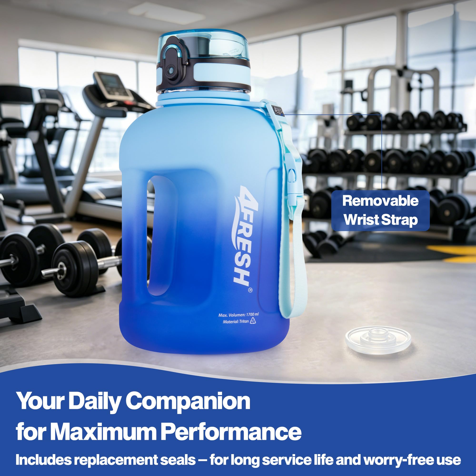 Borraccia Gallon 2300 ml 2,3 L con Manico, Antiperdita, Apertura con 1 Click, Senza BPA in Tritan, Contenitore Robusto per Fitness, Palestra e Camping, Borraccia Sportiva Extra Grande