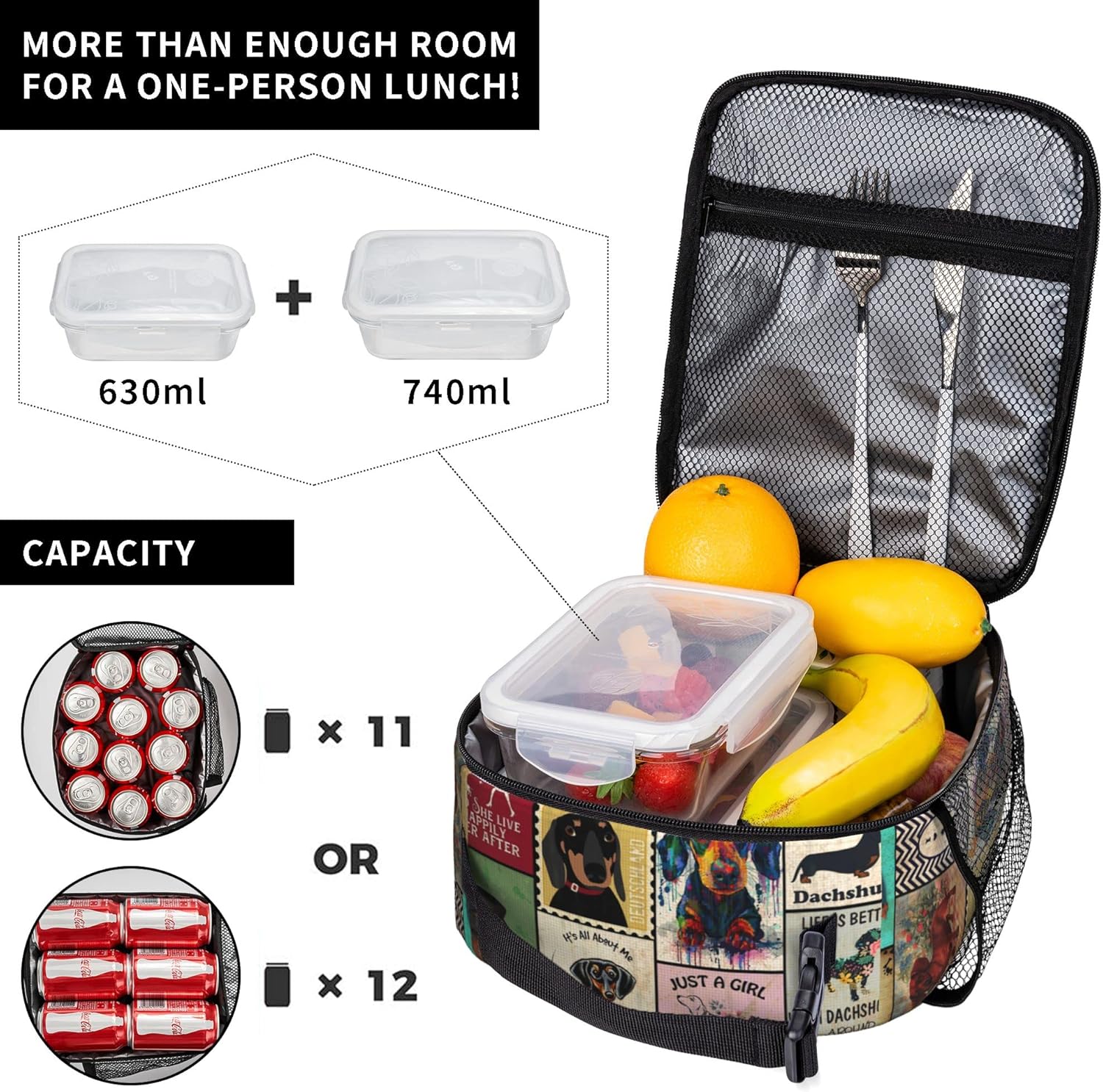 Dogs Lunch Bag, Vintage Reusable Insulated Lunch Box Large Capacity Meal Tote for Kids Women Men Cooler Bag, Durability of Zippered Lunch Tote for Work School Picnic Travel