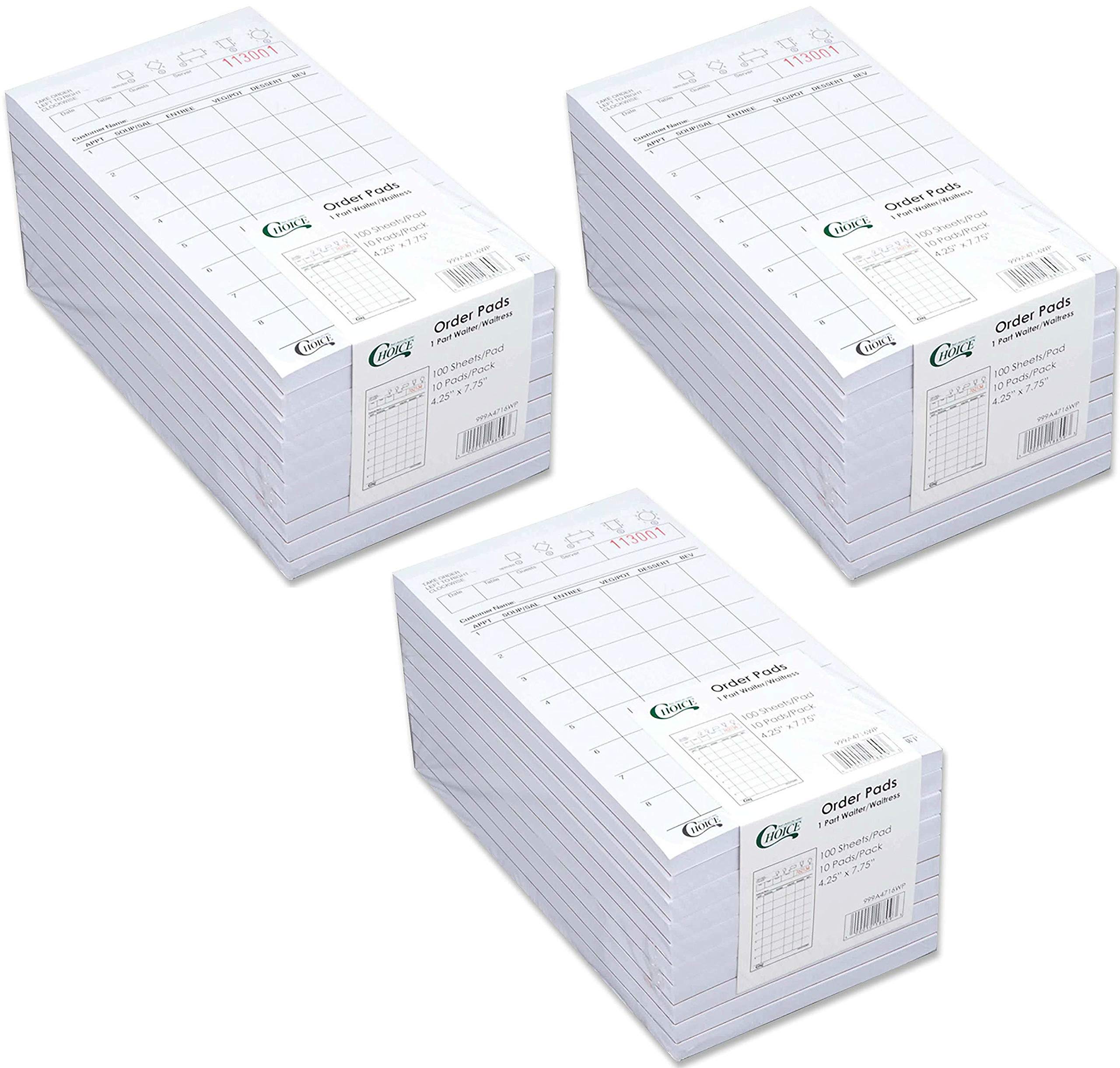 Choice 1 Part White Waiter/Waitress Order Pad - 30/Pack (3000 Sheets)