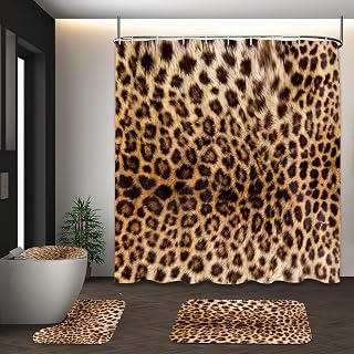 4 PCS Leopard Shower Curtain Cheetah Print Shower Curtain Sets Non Slip Bathroom Rugs Soft Plush Bath Mat Toilet Lid Cover Animal Print Shower Curtain with 12 Hooks for Bathroom Tub, Brown