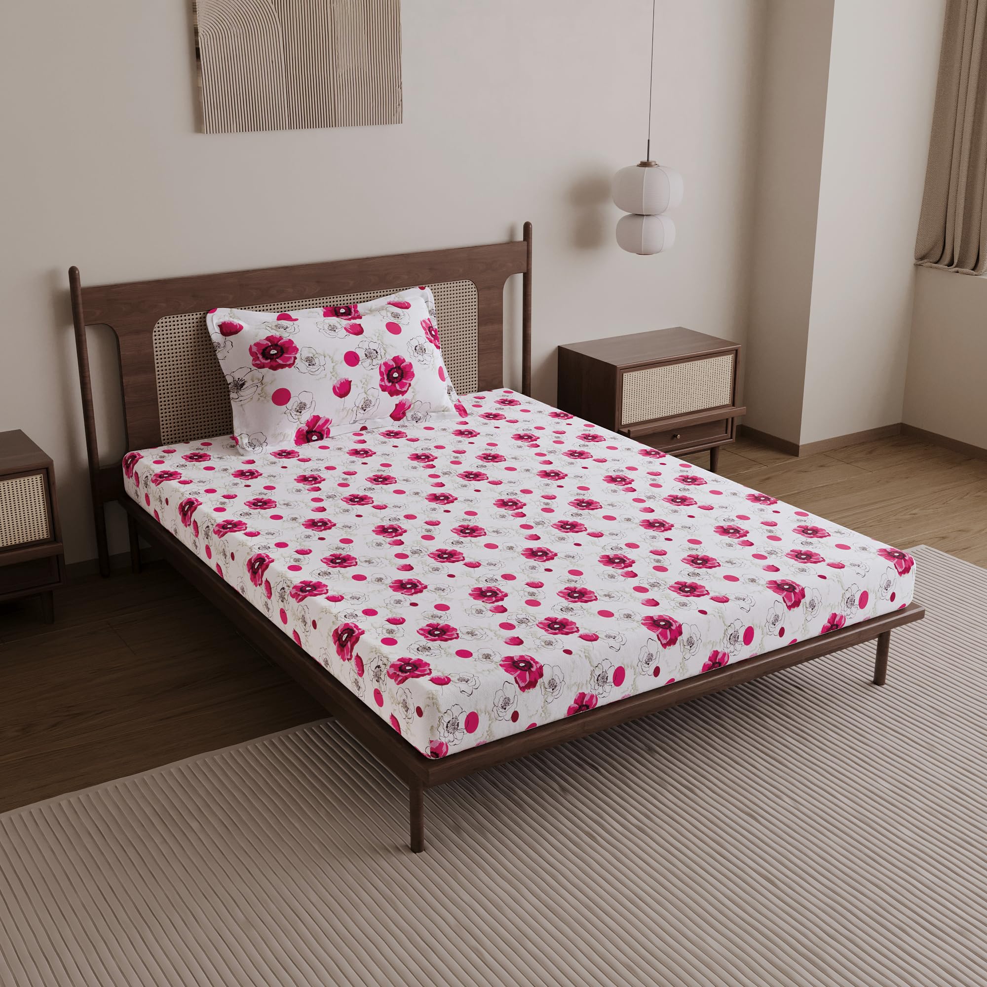 Divine Casa 100% Cotton 144 TC Single Bedsheet with 1 Pillow Cover | Soft Skin Friendly Breathable Bedding Set | Printed Bed Sheet for Bedroom | 145 x 223 cm (Pink Blossom, Floral)