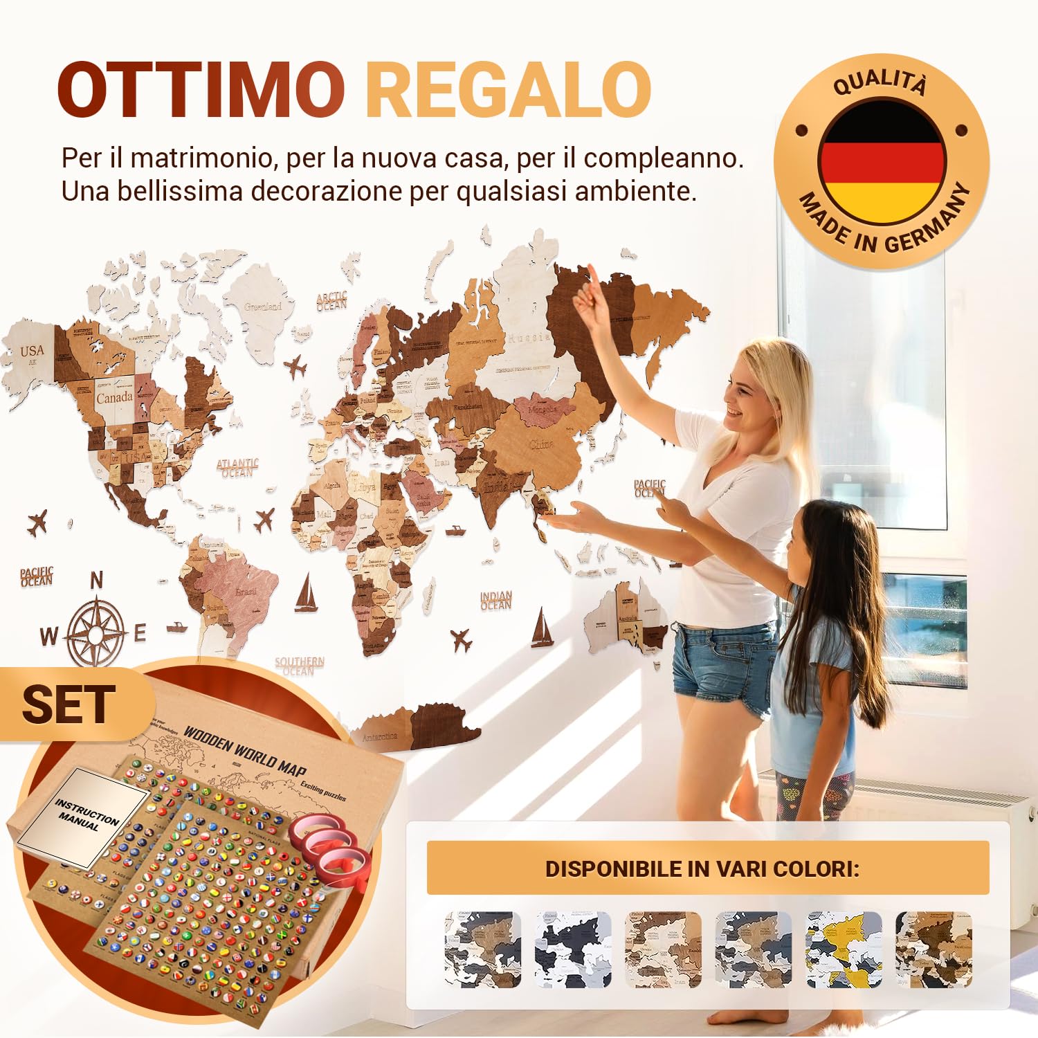 WOW WOOD Drewniana Mapa Świata - Italia (Kolor drewna, 62.00 x 120.00 cms)