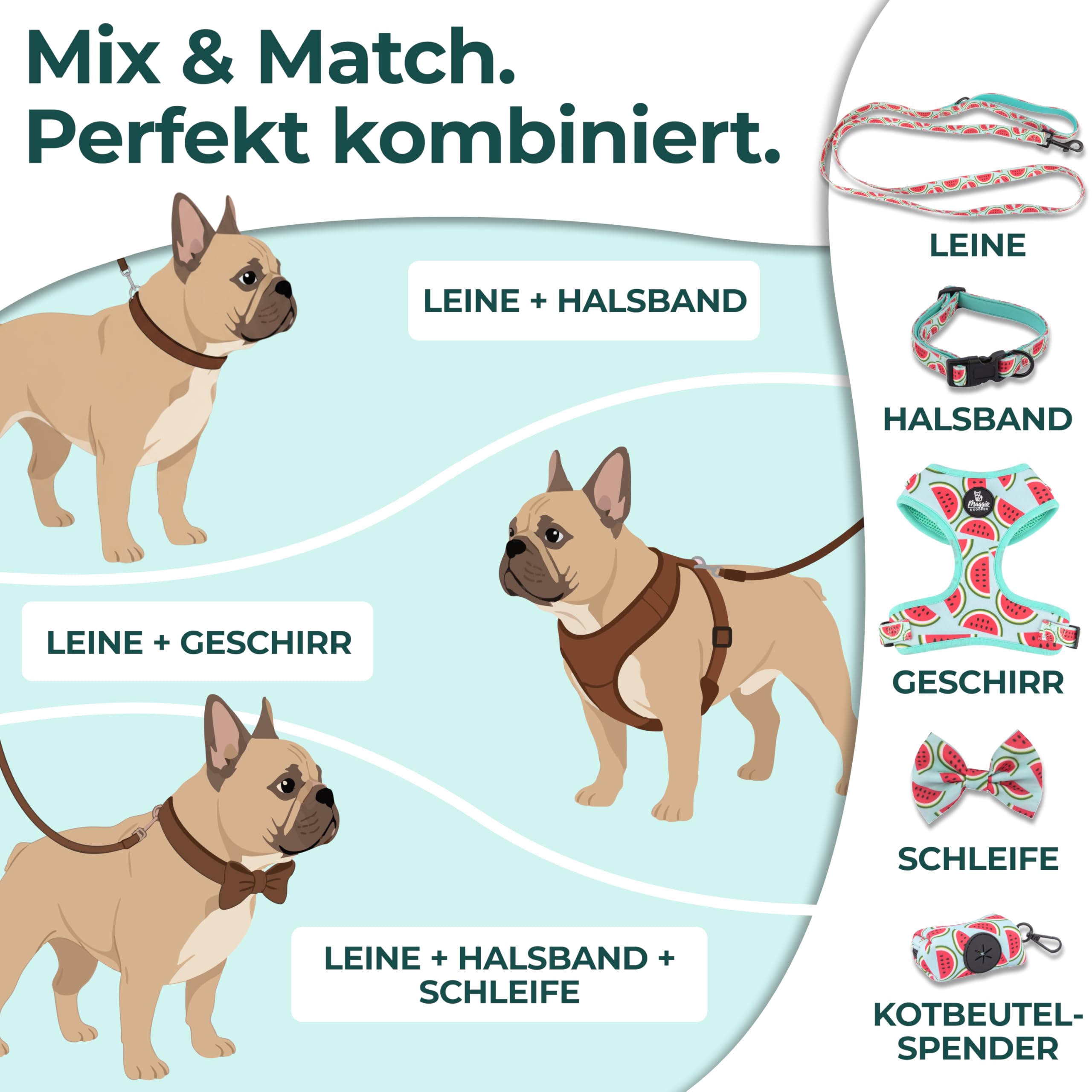 MAGGIE & COOPER Juego de correas para perros – Diseño de melón – 5 piezas: collar, arnés, correa, lazo, dispensador de bolsas de excrementos – 4 tamaños – Caja de regalo (L)