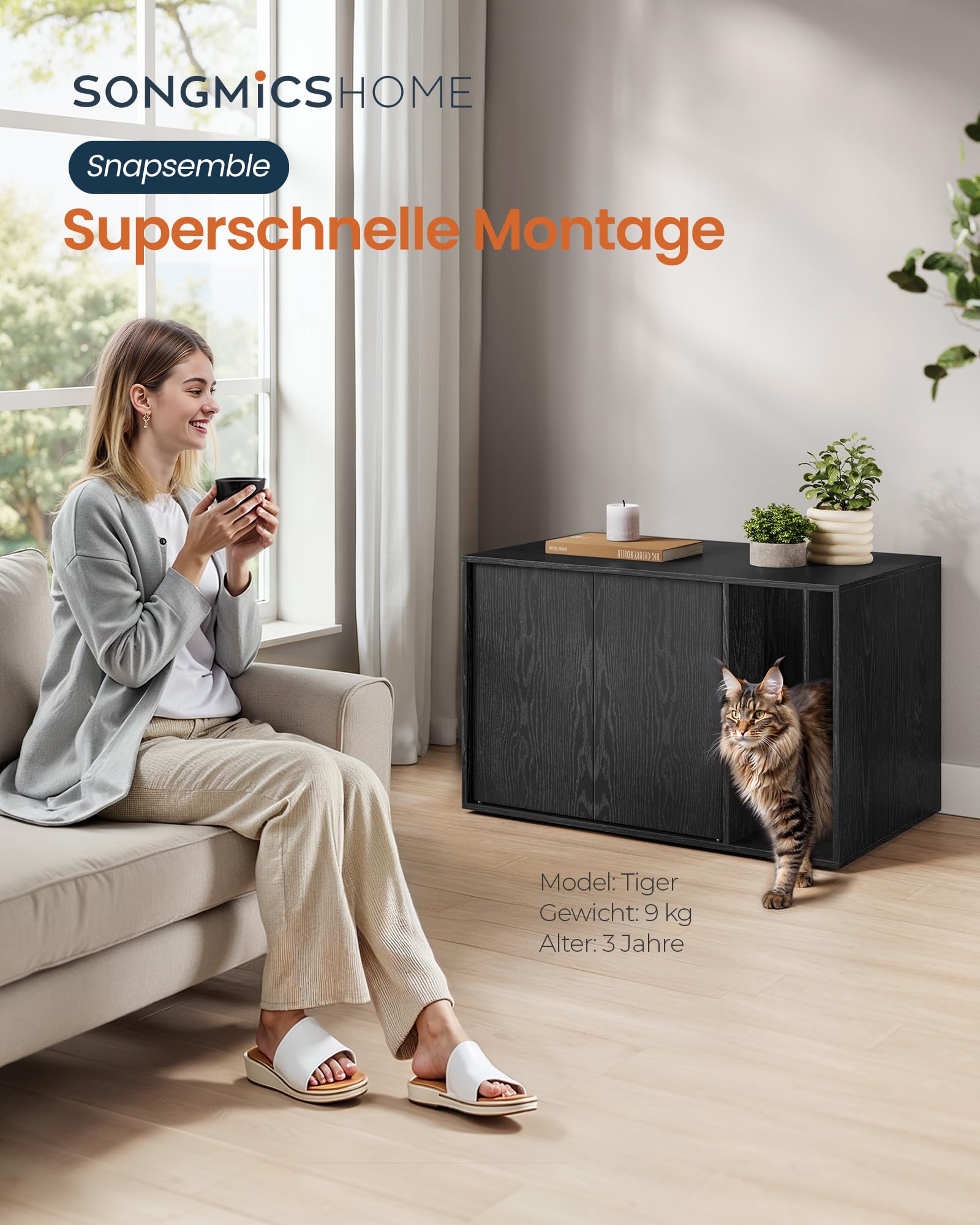 SONGMICS HOME Katzenklo Schrank, superschnelle werkzeuglose Montage, Toolless-Technologie, Katzenhaus für Katzentoilette, Werkzeuglose Montage, Push-to-Open, 80 x 50 x 50cm, Ebenholzschwarz PCL013B03