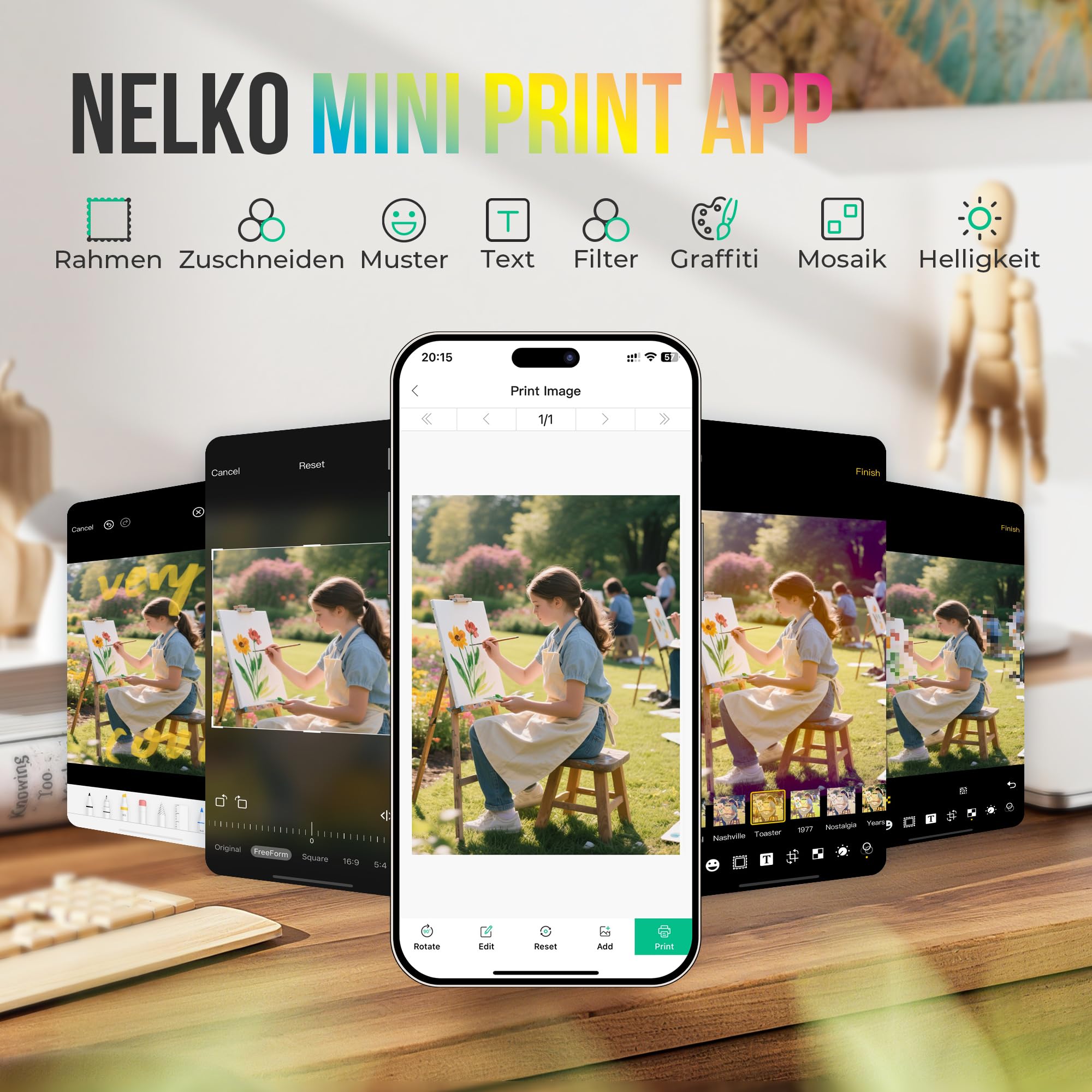 Nelko Fotodrucker PP01 Tragbarer Mini Fotodrucker, 20 Blatt Fotopapier,Weiß | Tintenstrahl-Aufkleberdrucker kompatibel mit iOS/Android mit Bearbeitungs-App, Ideal für Partys, Reisen und Bullet Journals