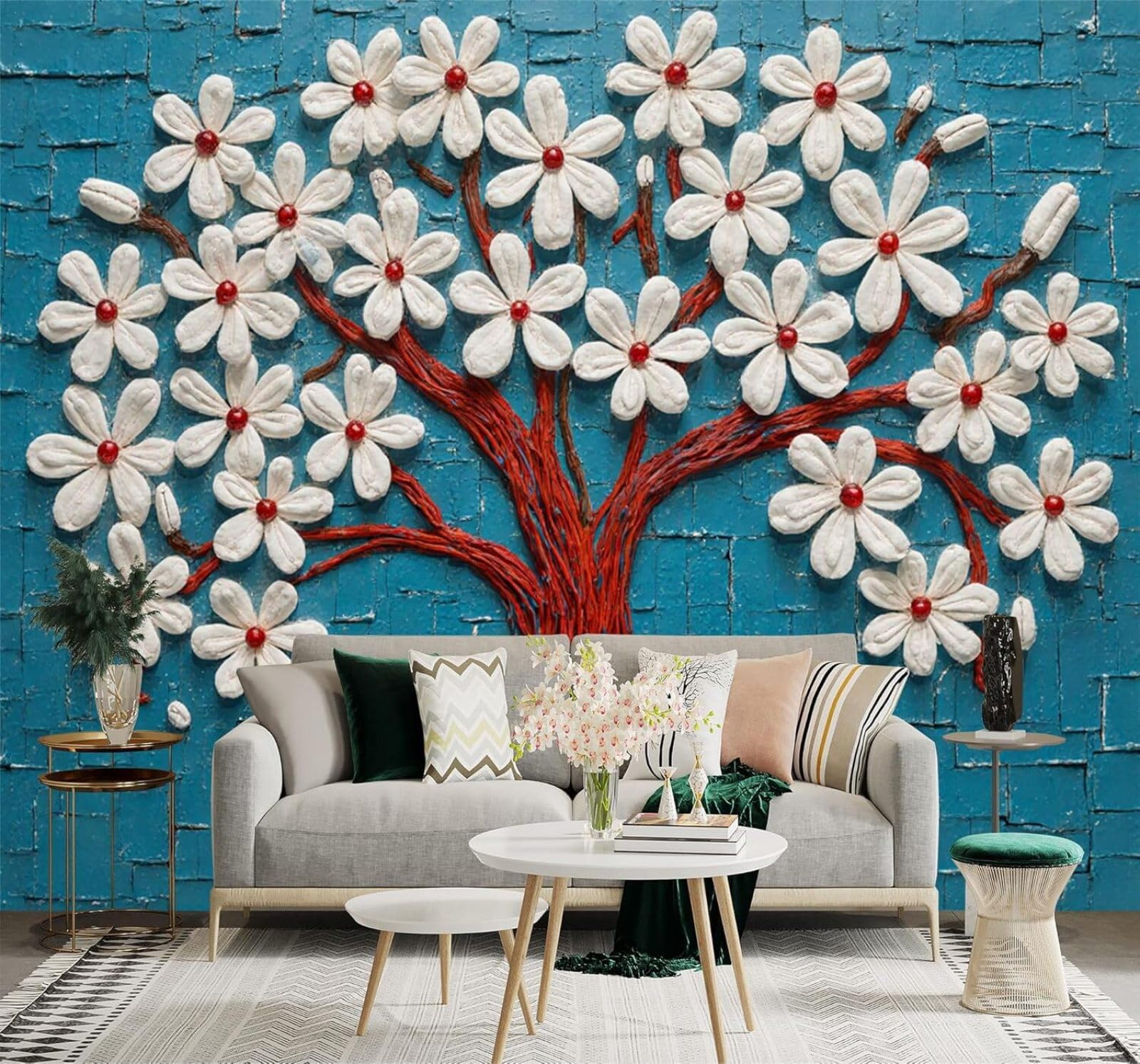 Xlming 250Cm×170Cm(B×H) White Flowers Red Branches Abstract Blue Texture 3D Wallpaper Silky Texture Home Study Office Grey Dining Room Sofa Bedroom Living Room Tv Backdrop-250Cm×170Cm