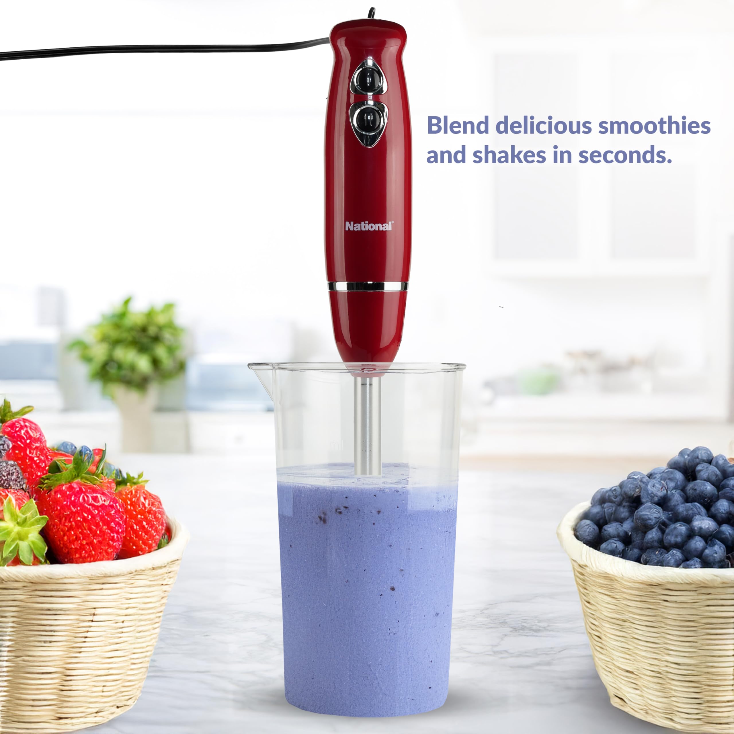 National NA-3104HB 4-in-1 Multi-Purpose Immersion Hand Blender Blend, Puree, Mash, Chop and Whisk, Two Speeds, Splash Control, and ETL Approved with Interchangeable Attachments (Red)