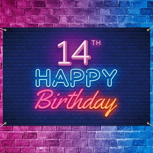 Cartel de fondo de neón brillante con texto en inglés "Happy 14th Birthday", decoración temática de fiesta de cumpleaños de 14 años, suministros