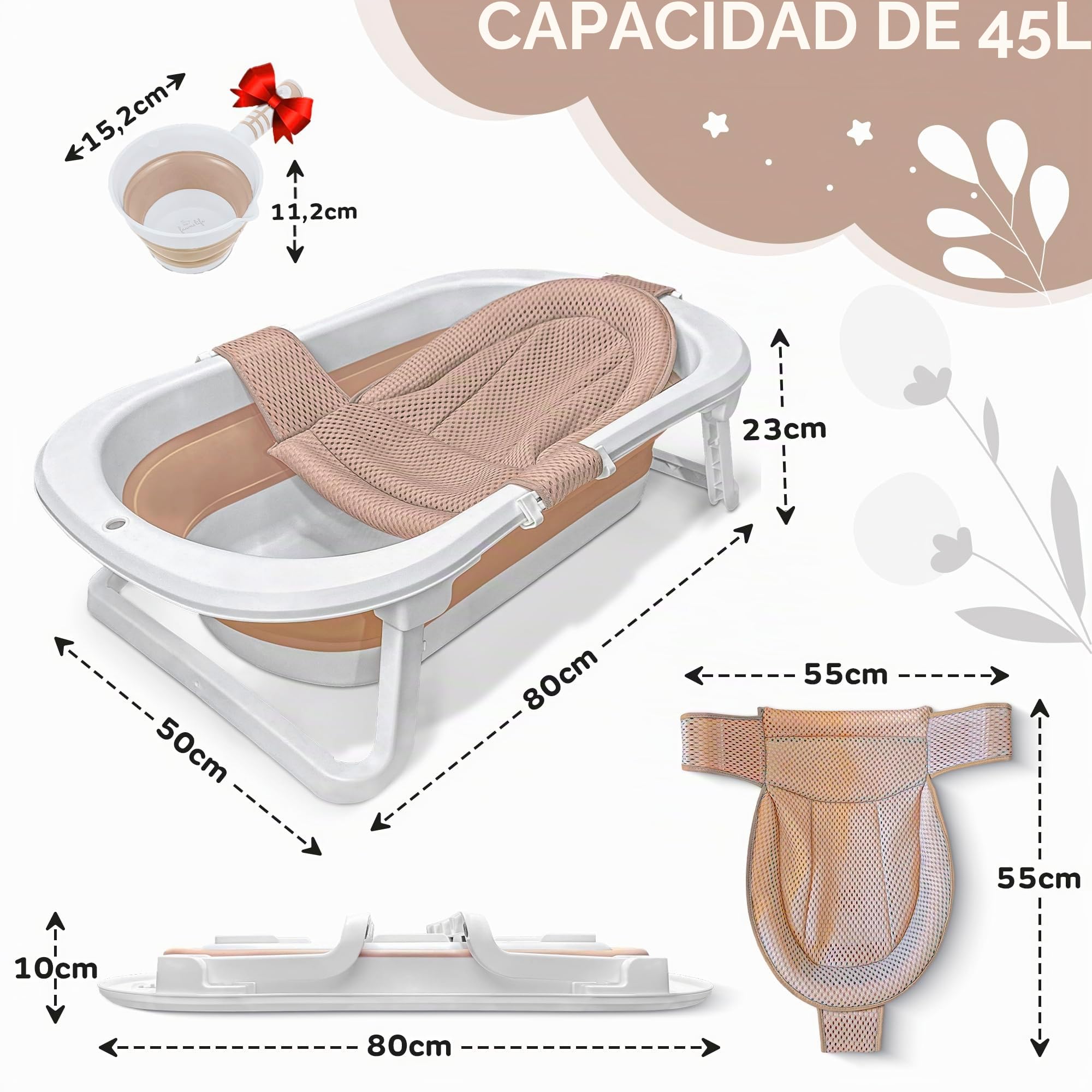 Bañera Plegable XXL para Bebé FawnsLife – Bañera para Bebé con Patas, Asiento Confortable y Pequeño Cubo de Agua Plegable – y Práctica para Espacios Reducidos y Desplazamientos