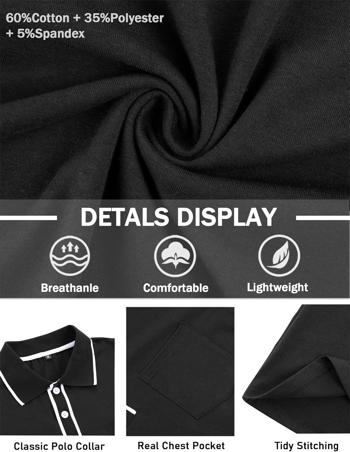 Mens Polo Shirts Long Sleeve Casual Stylish Collared Button Solid Color Golf T Shirts with Pocket - Image 5