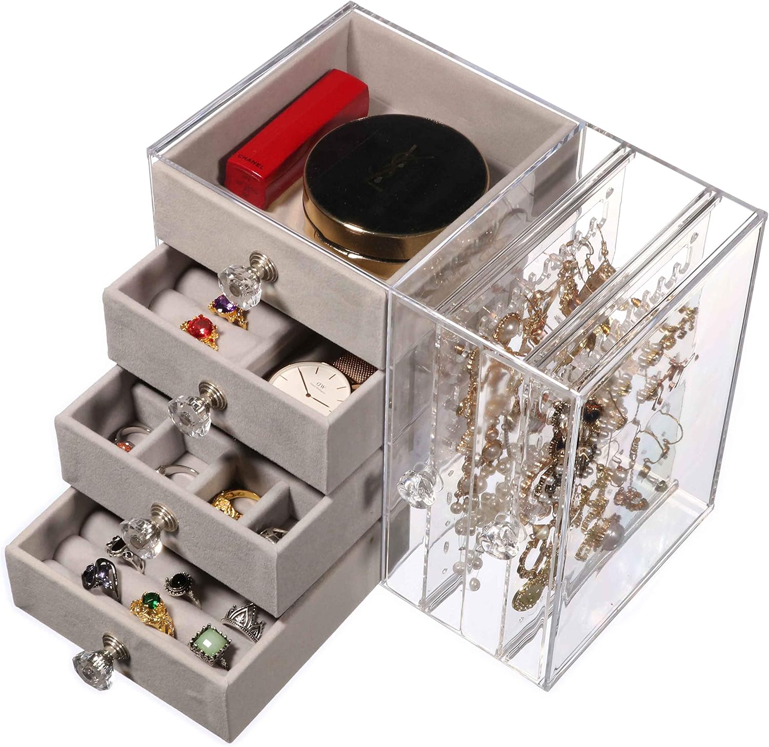 Cq acrylic Jewelry Box for Women with 4 Drawers, Hanging Velvet Jewelry Organizer for Earring Bangle Bracelet Necklace and Rings Storage Clear Acrylic Jewelry case,White: Home Improvement
