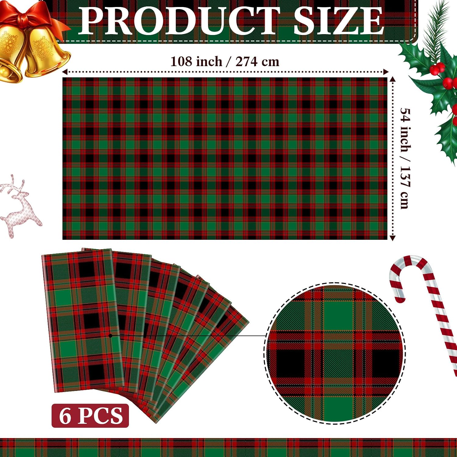 Panelee Christmas Plastic Buffalo Plaid Tablecloth 54" x 108" Checkered Party Tablecloth Decorations Xmas Rectangle Table Cover Backdrop for Christmas Holiday Wedding Decor Supplies(Classic, 6 Pcs)