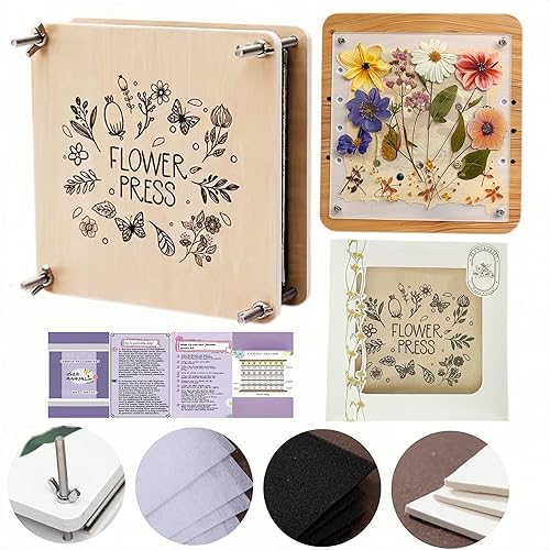 NeonNectar Kit portátil de prensado de flores, 7.5 x 7.5 pulgadas, kit de prensa de hojas de flores de madera: crea flores secas prensadas hojas