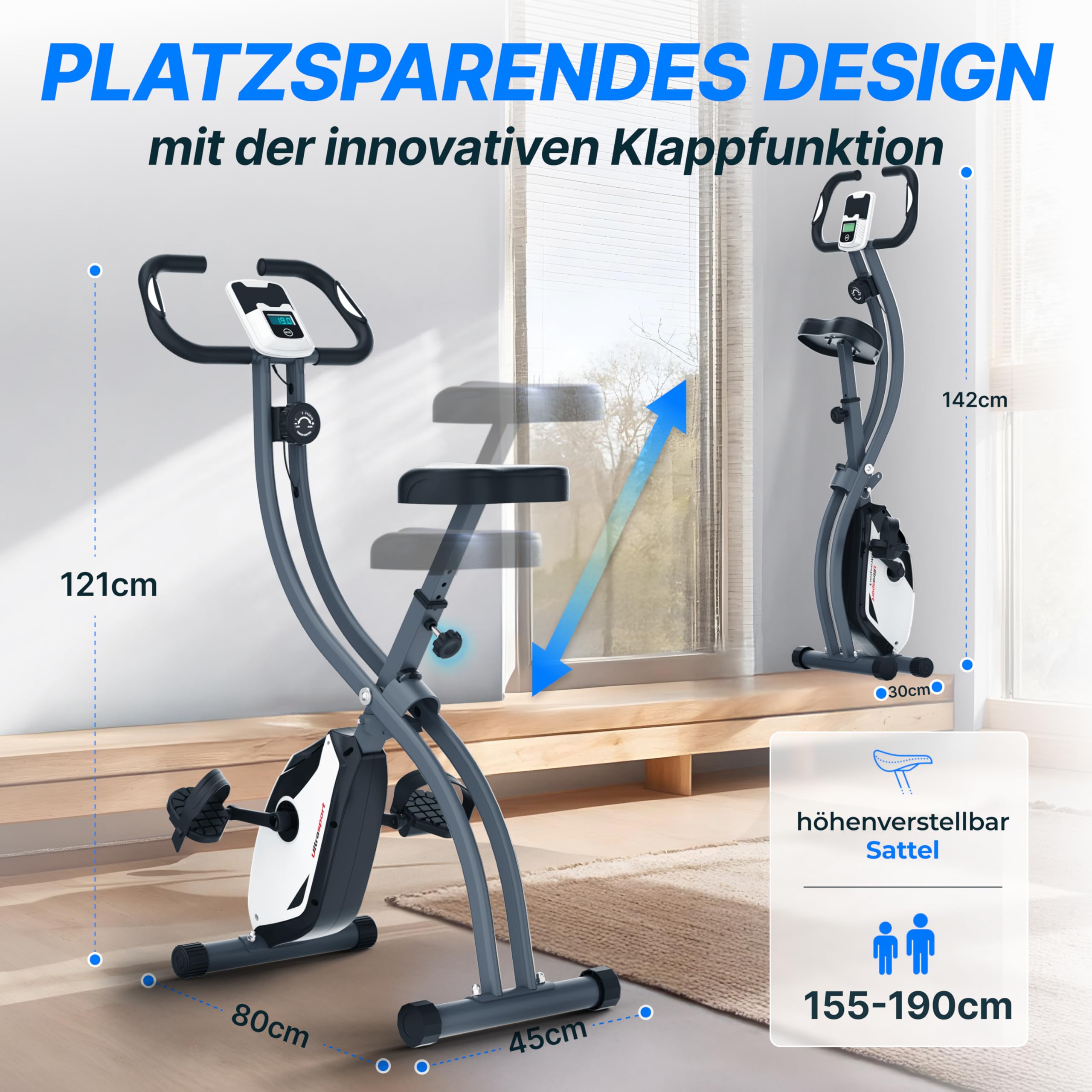 Ultrasport F-Bike 150, Fahrradtrainer, Fitnessbike, LCD Trainingscomputer, faltbarer Heimtrainer, Herzfrequenzmessung, 8 Widerstandsstufen, max utzergewicht 110 kg, Höhenverstellbarer, Silber/Schwarz