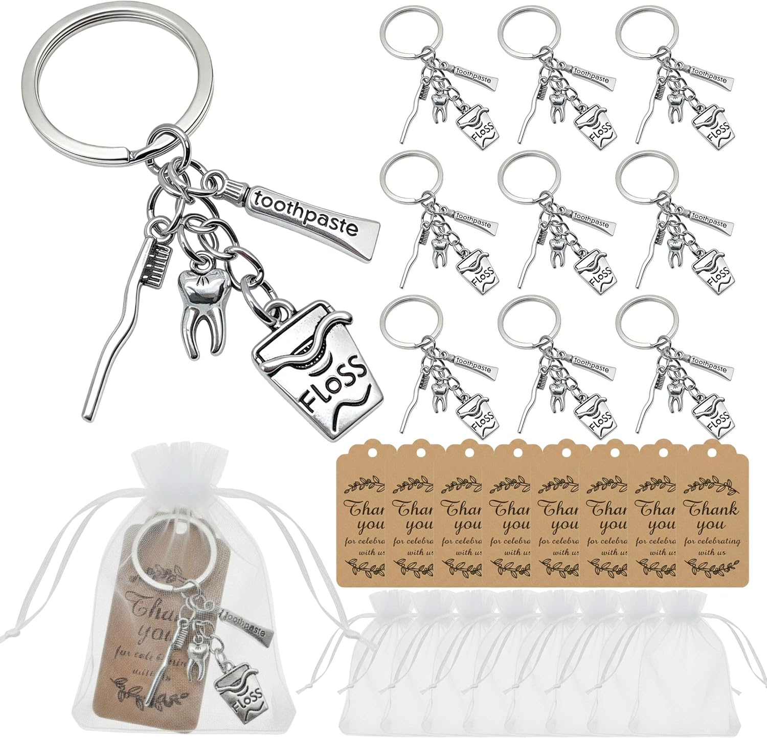 20 Pack Dental Keychain Gift Set, Includes Thank You Tags and Organza Bags Tooth Toothbrush Floss and Toothpaste Charms, Appreciation Gifts for Dental Hygienists Assistants Graduation and Clinic Staff