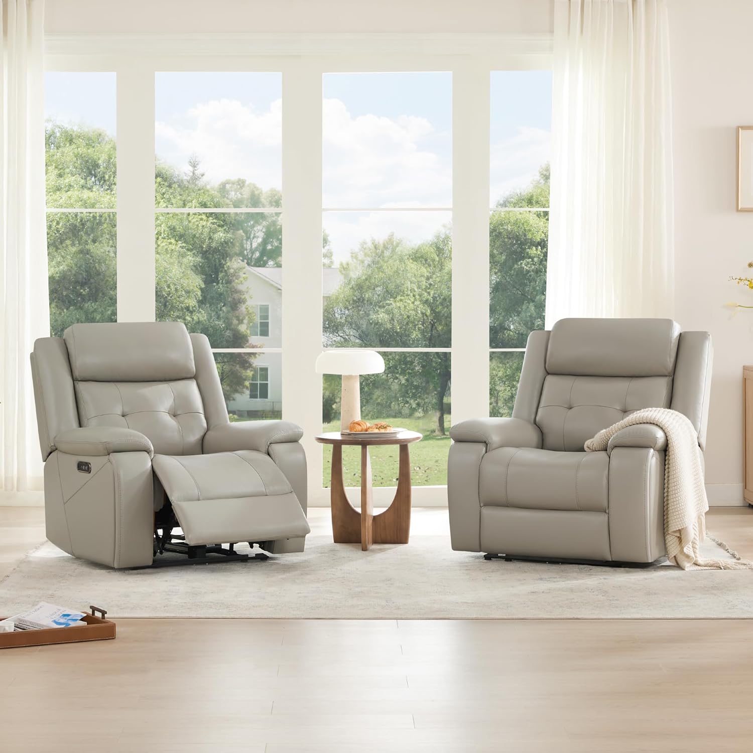 Watson & Whitely Genuine Leather Power Recliner Chair for Adults, Wall Hugger Recliner with Power Headrest, Cup Holders & Charging Ports, Electric Reclining Chairs for Living Room, RV, Grey