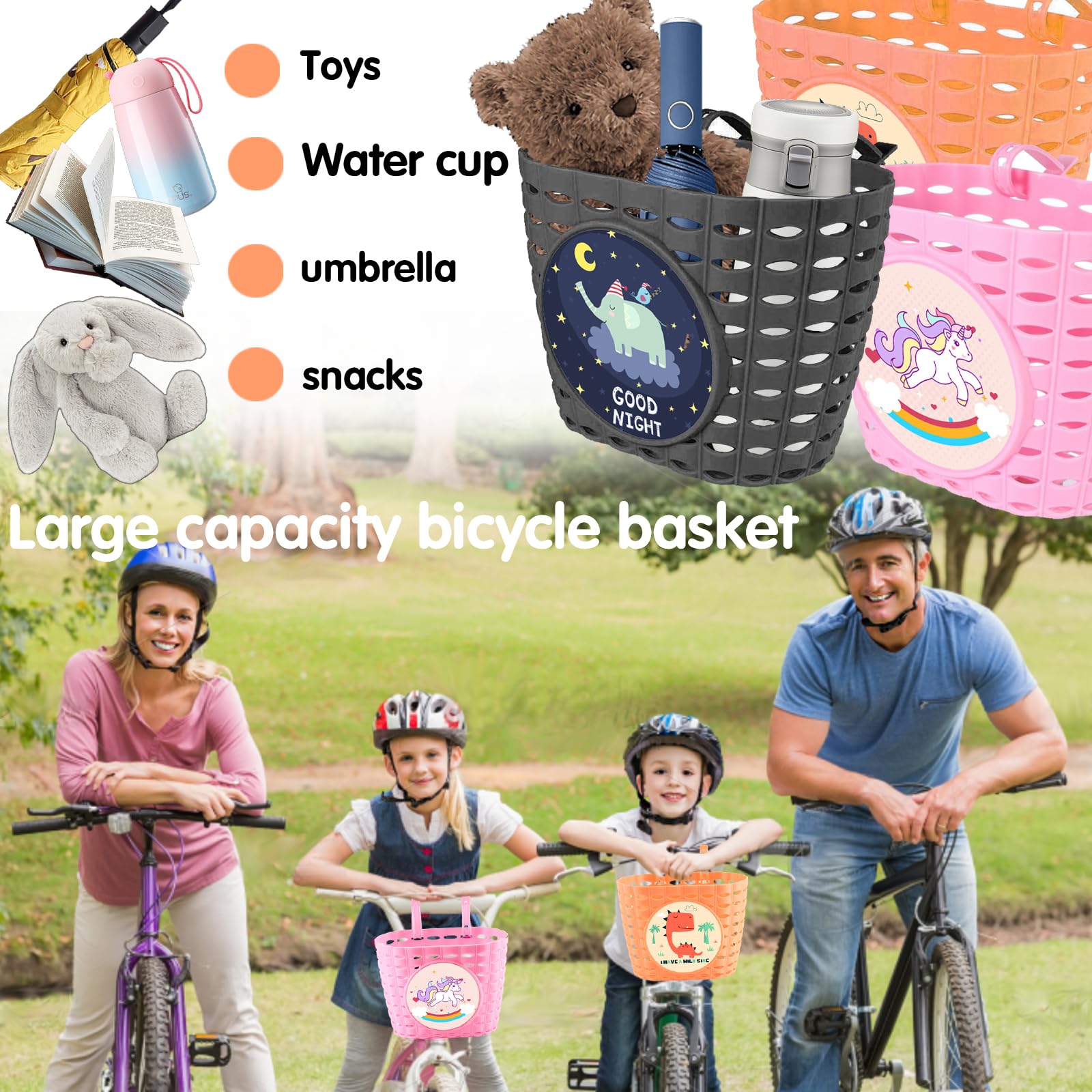 Cestino Per Bici Bambino Con Campanello - Design Dinosauro O Unicorno, Per Manubrio Anteriore