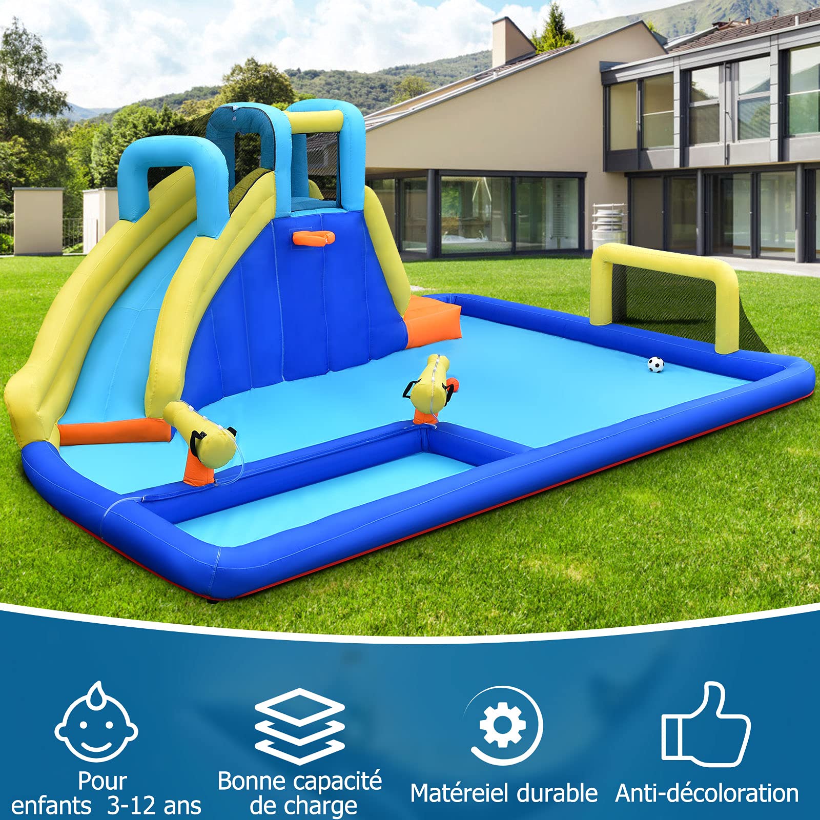 GOPLUS - Castillo hinchable con tobogán y pistola de agua, zona de juegos acuática con entretenimiento múltiple, ideal para niños mayores de 3 años (con soplador de 680 W)