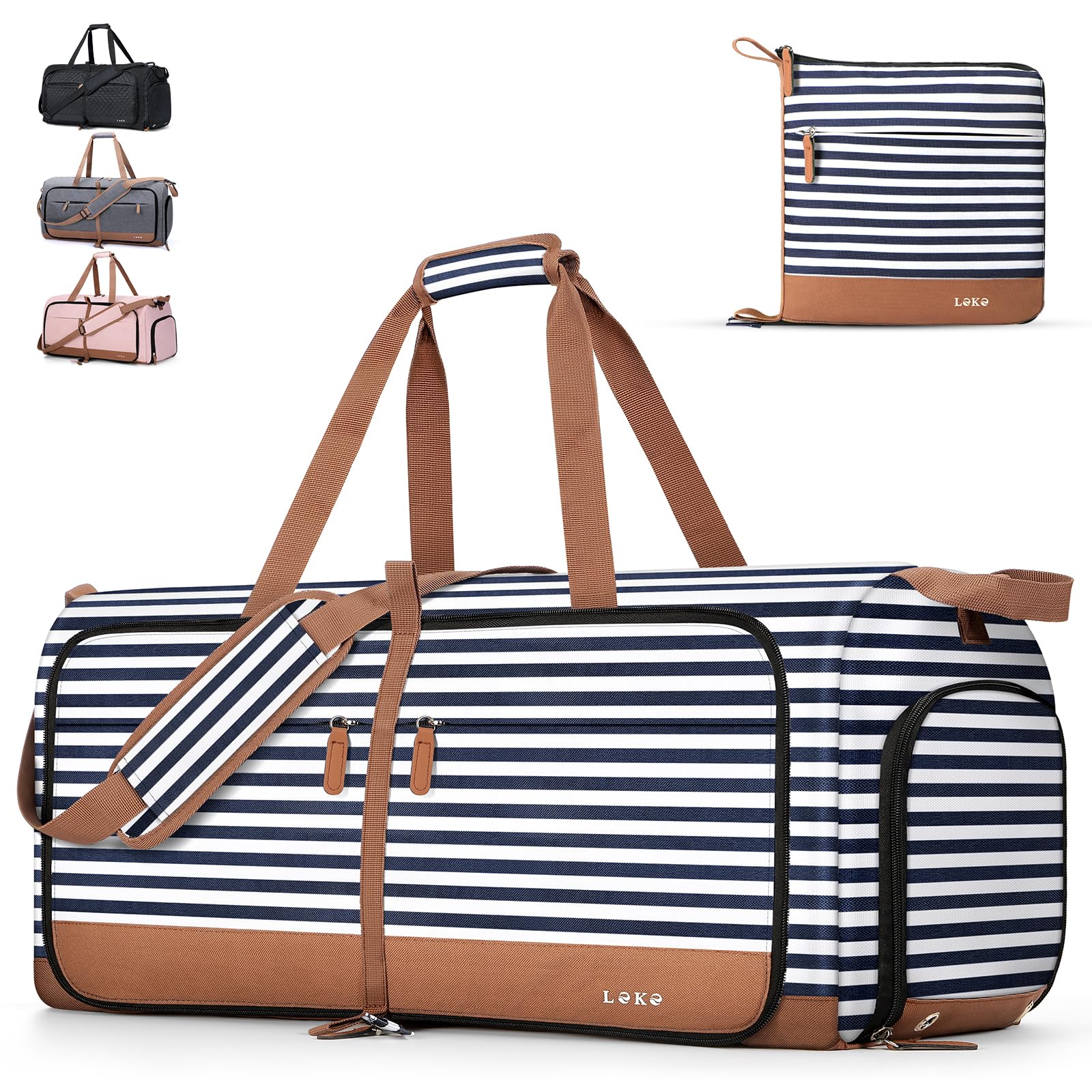 Lekesky Foldable Travel Duffle Bag for Women, Large Duffel Bag with Separate Shoes Compartments & Straps, Carry On Weekend Bag for Women, Hospital,
