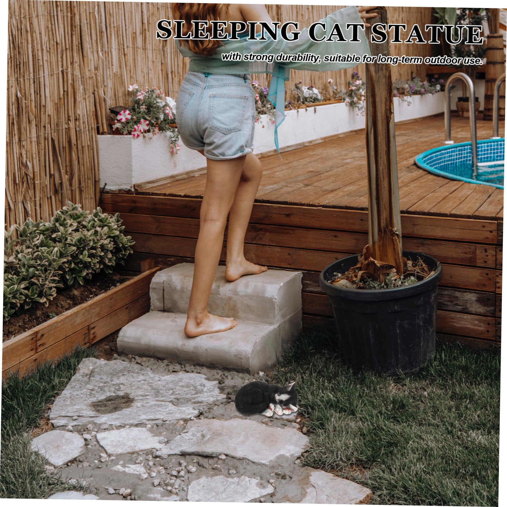 Abaodam Estatua de Gato Durmiendo Adorno Creativo y Elegante Negro Decoración de Resina Fácil de Instalar y Mover para Jardín y Patio para Exteriores